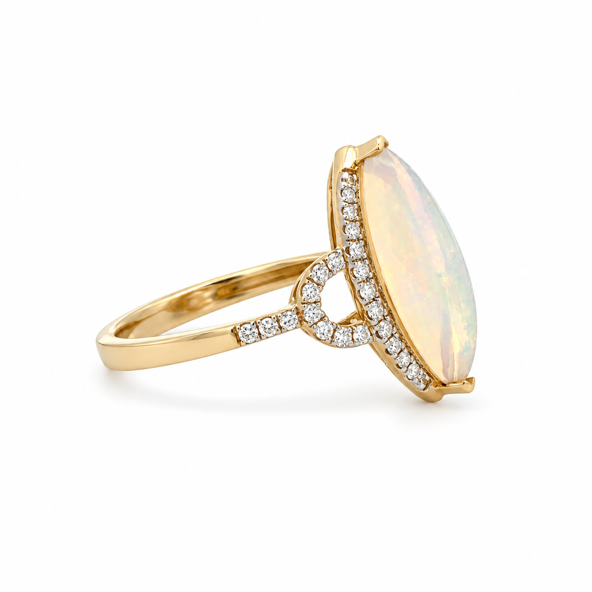 Side view of Standout Design SDR1428 showing the raised marquise opal, diamond halo, curved openwork shoulder and yellow gold band.