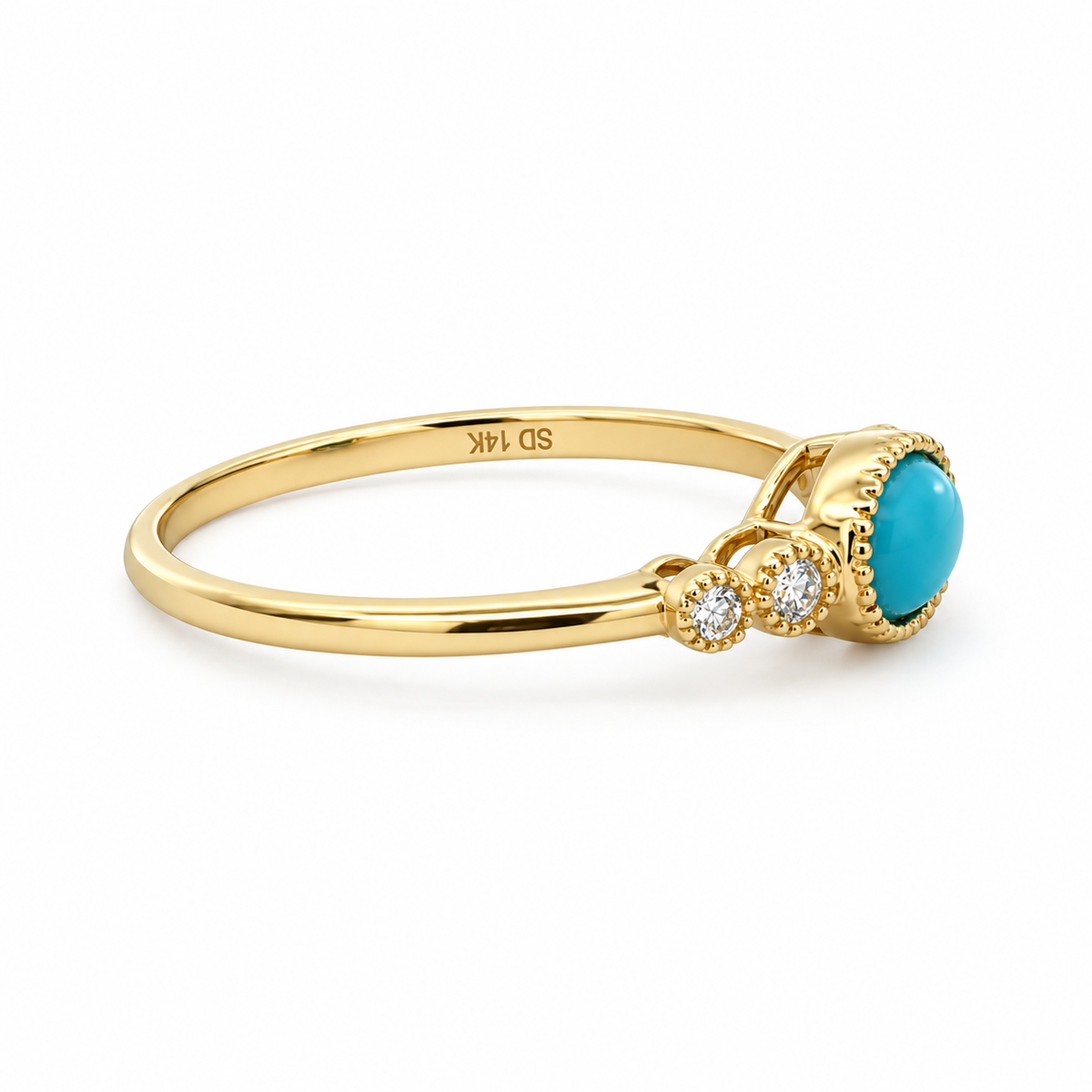Side view of a yellow gold turquoise and diamond ring showing the decorative bezel, diamond accents and polished band.