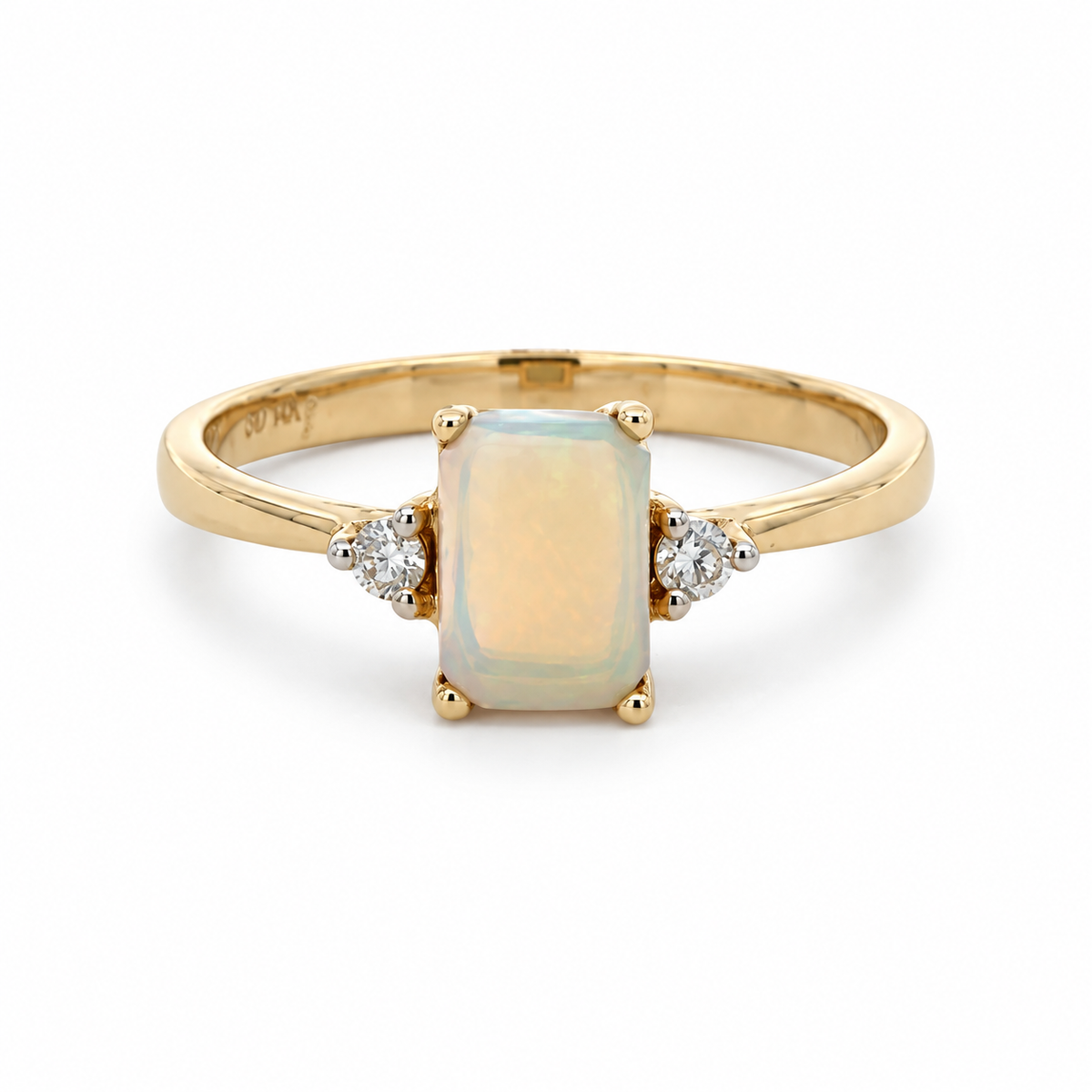 Front view of a 14K yellow gold ring with a rectangular 0.50 CT. opal and two round diamond accents