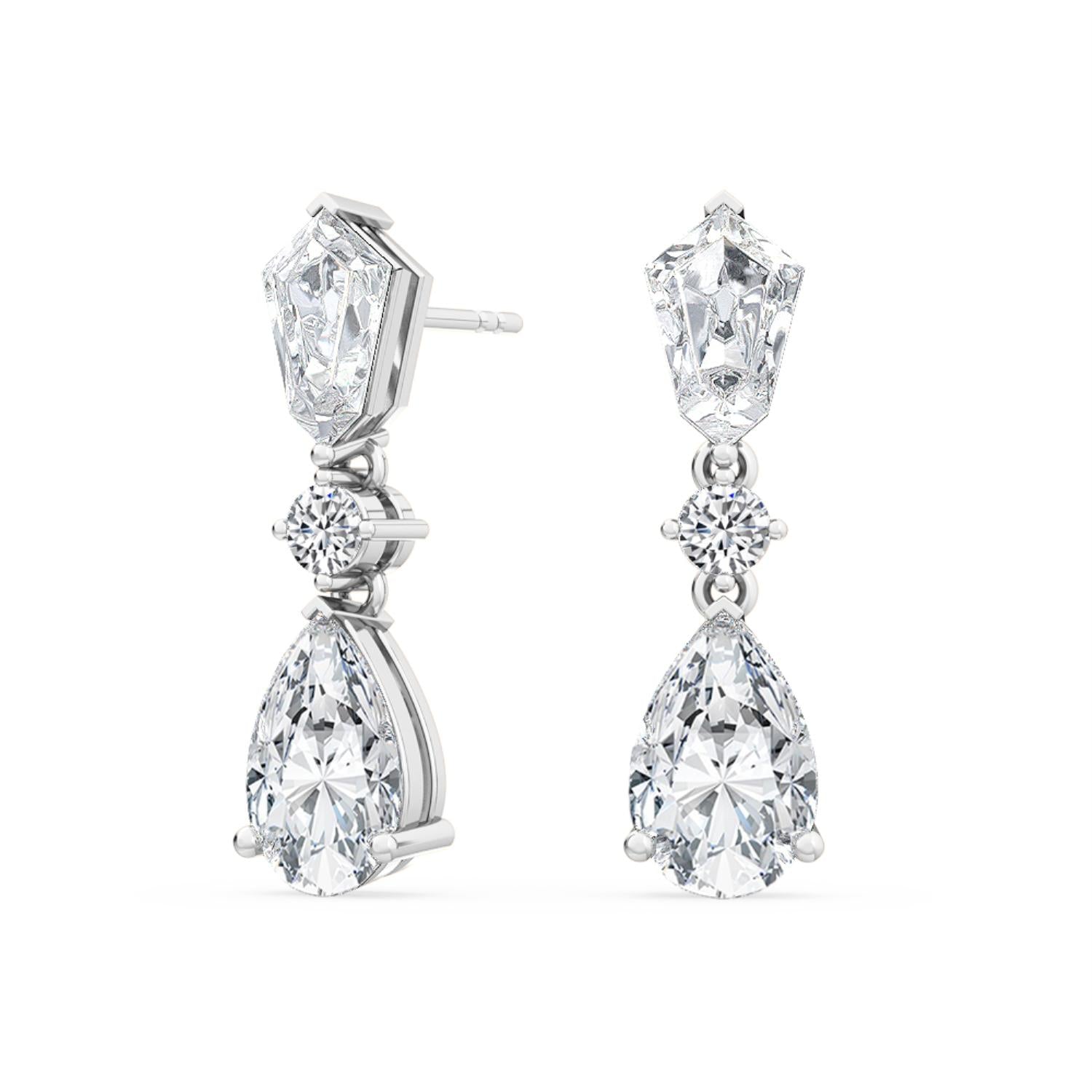 14K White Gold 3.16CTW. Lab-Grown Diamond Multi-Shape 3-Stone Dangle Stud Earrings