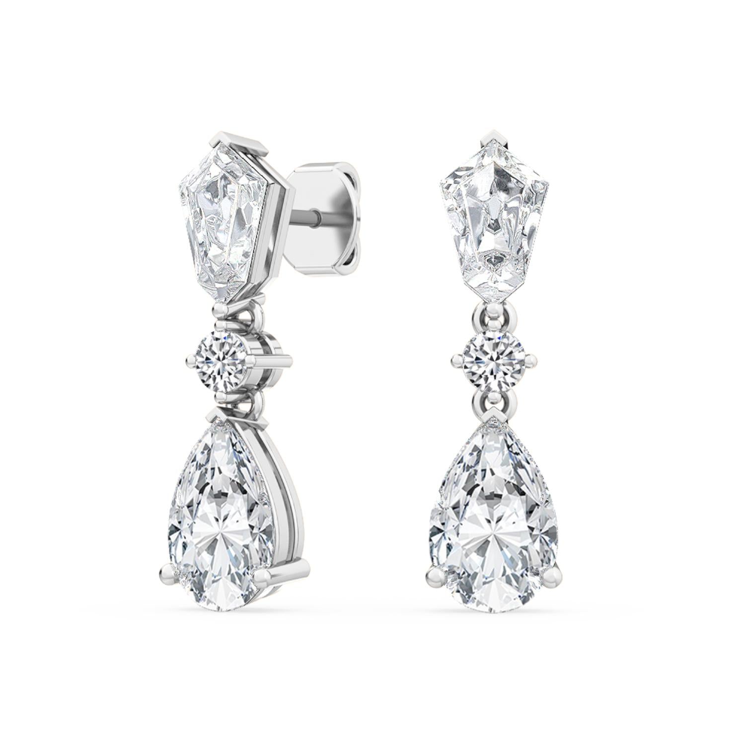 14K White Gold 3.16CTW. Lab-Grown Diamond Multi-Shape 3-Stone Dangle Stud Earrings