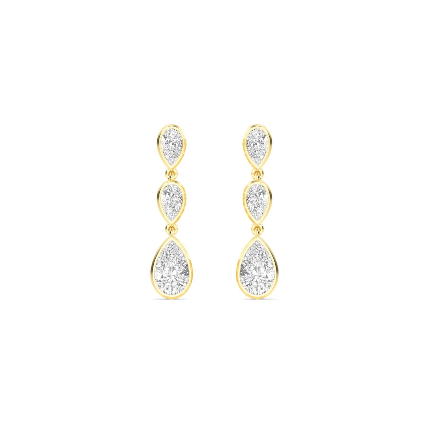 14K Yellow Gold 3.22CTW. Lab-Grown Diamond Pear 3-Stone Dangle Stud Earrings