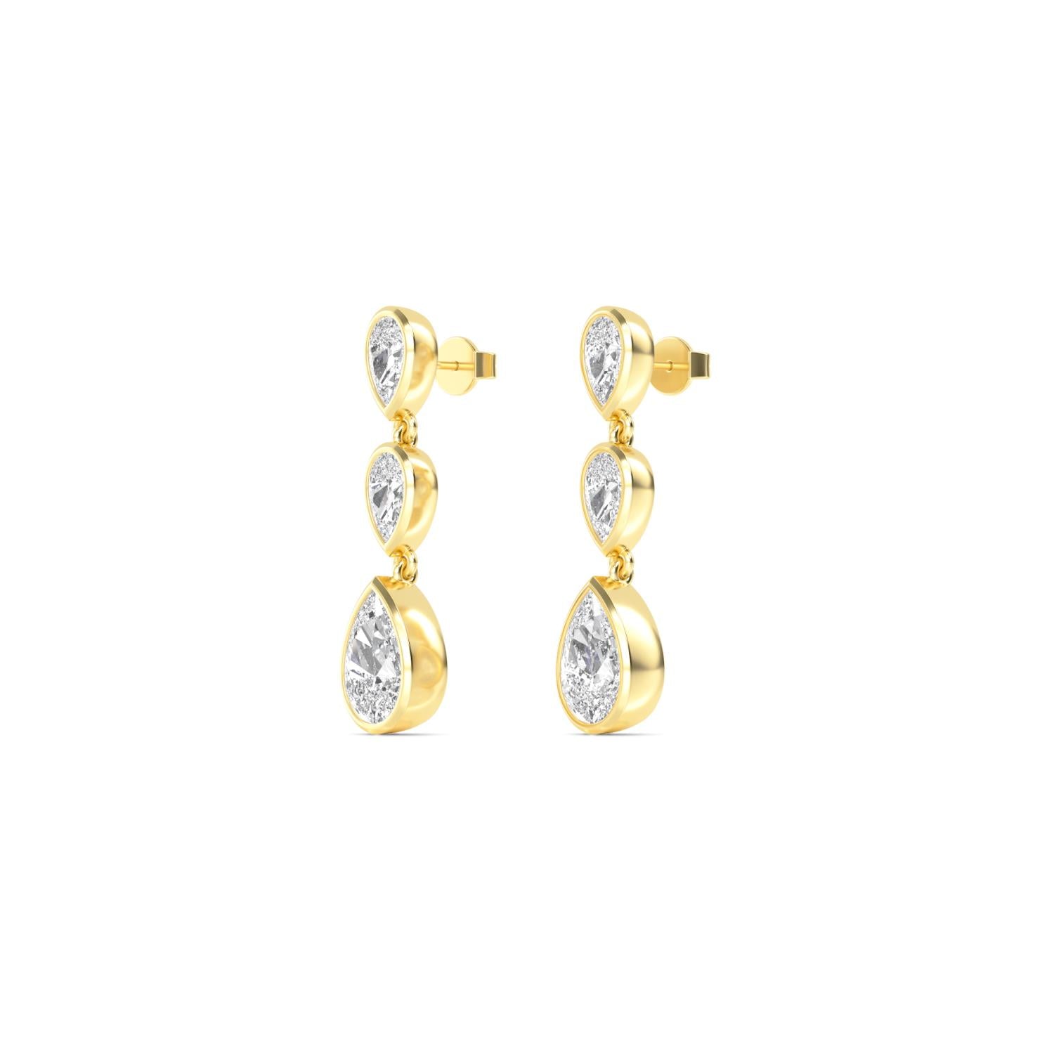 14K Yellow Gold 3.22CTW. Lab-Grown Diamond Pear 3-Stone Dangle Stud Earrings
