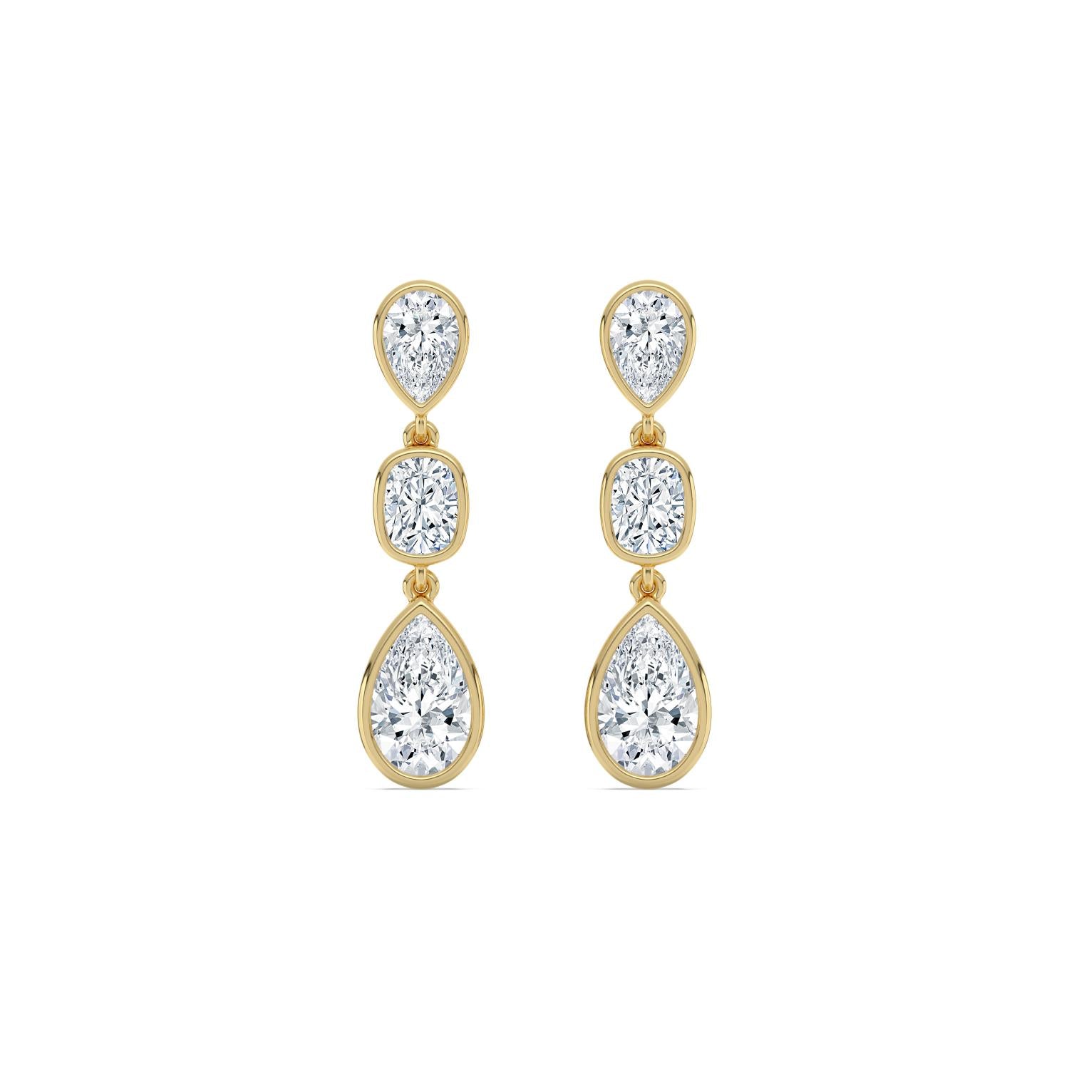14K Yellow Gold 3.47CTW. Lab-Grown Diamond Pear and Cushion 3-Stone Dangle Earrings