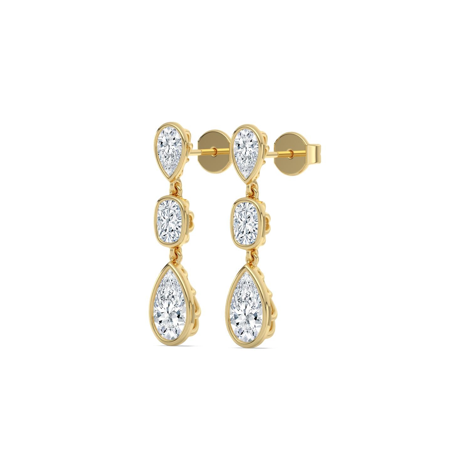 14K Yellow Gold 3.47CTW. Lab-Grown Diamond Pear and Cushion 3-Stone Dangle Earrings