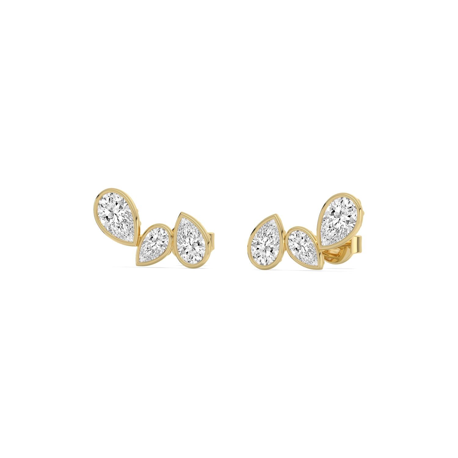 14K Yellow Gold 2.27CTW. Lab-Grown Diamond 3-Stone Bezel Pear Stud Earrings