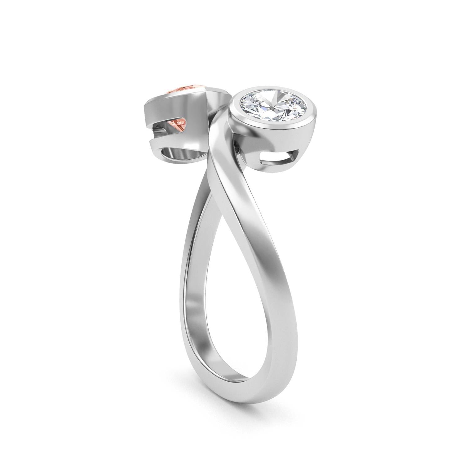 14K White Gold 1.66CTW. Lab-Grown Diamond Round and Pink Pear Two-Stone Ring