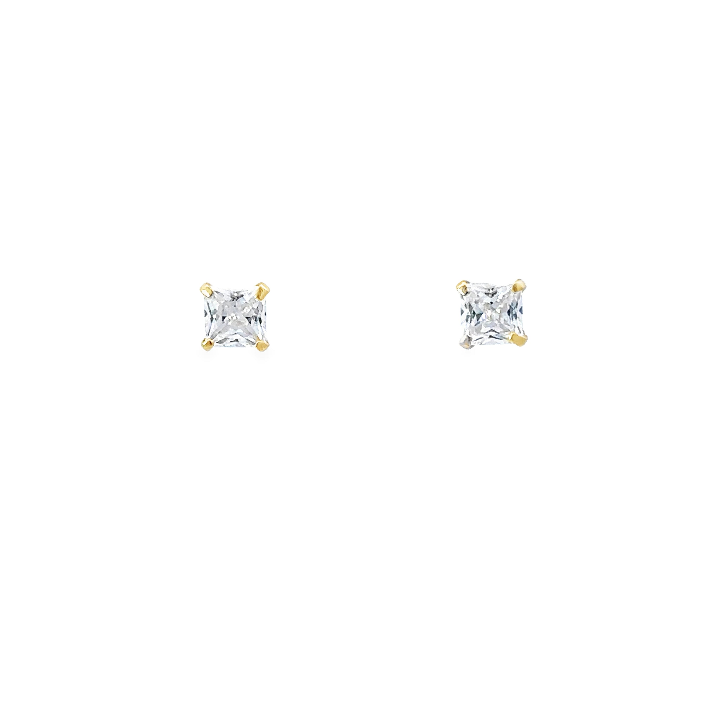 14K Yellow Gold Square CZ Stud Earrings