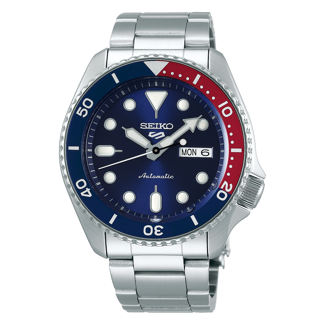 Front view of the Seiko 5 Sports SRPD53 watch with blue dial, red-and-blue Pepsi bezel, day-date display and stainless steel bracelet.