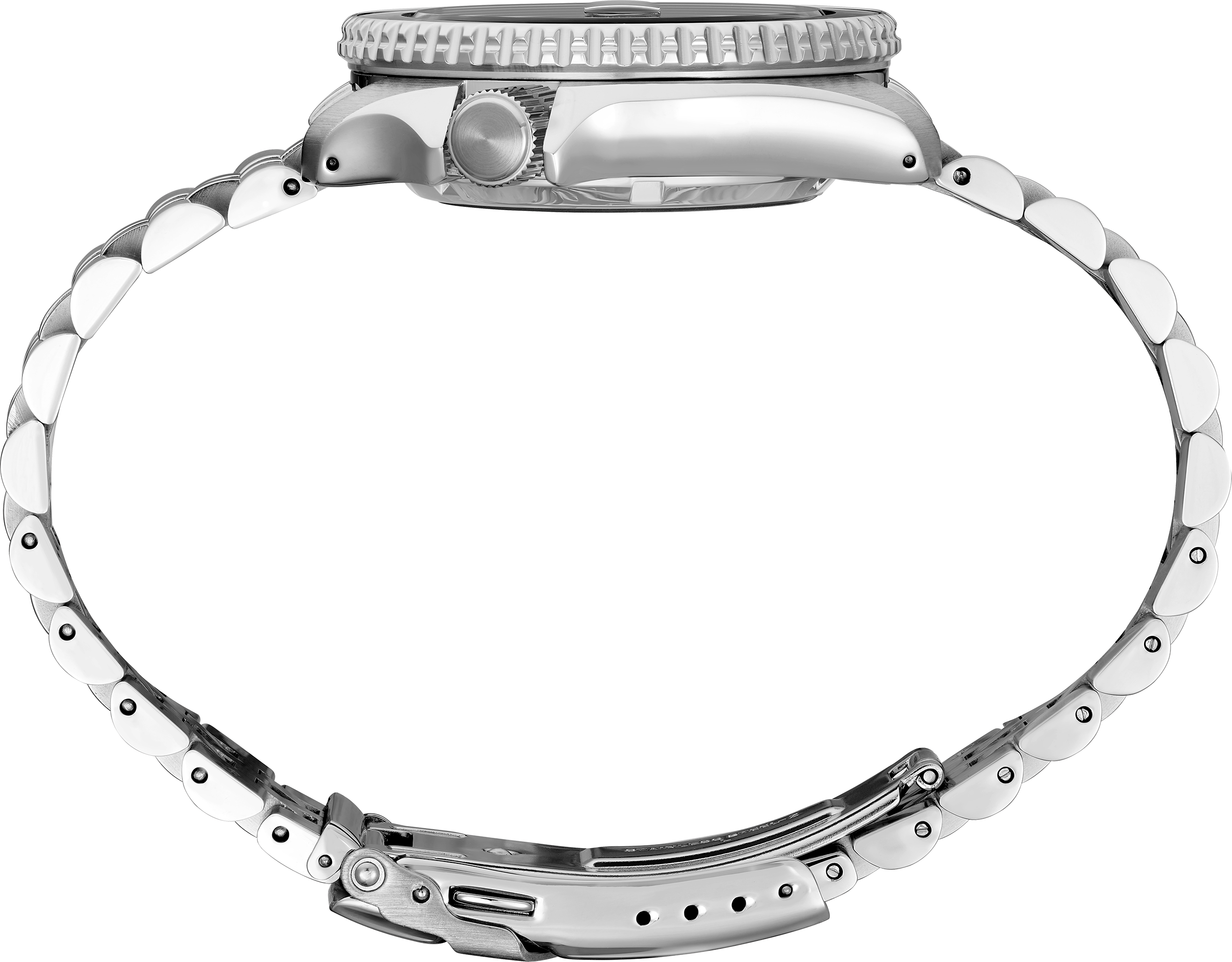 Seiko watch with a silver metal strap on a white background
