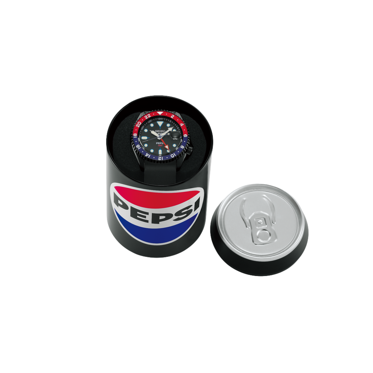 A Pepsi-branded watch with a black dial and red/blue bezel, displayed inside a black cylindrical container with a large Pepsi logo, alongside a silver pull-tab lid on a white background.