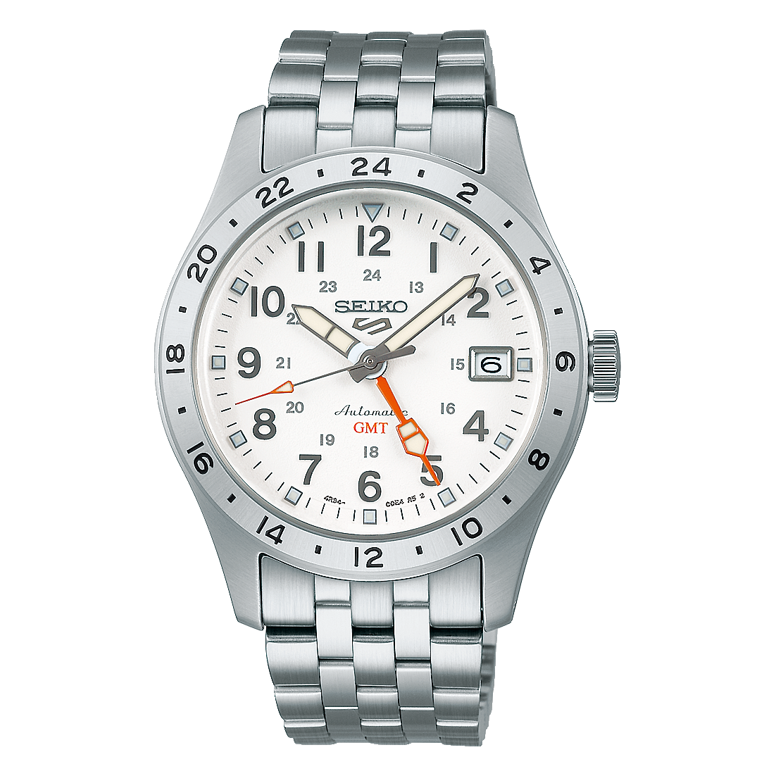 Silver Seiko watch with a white face on a white background