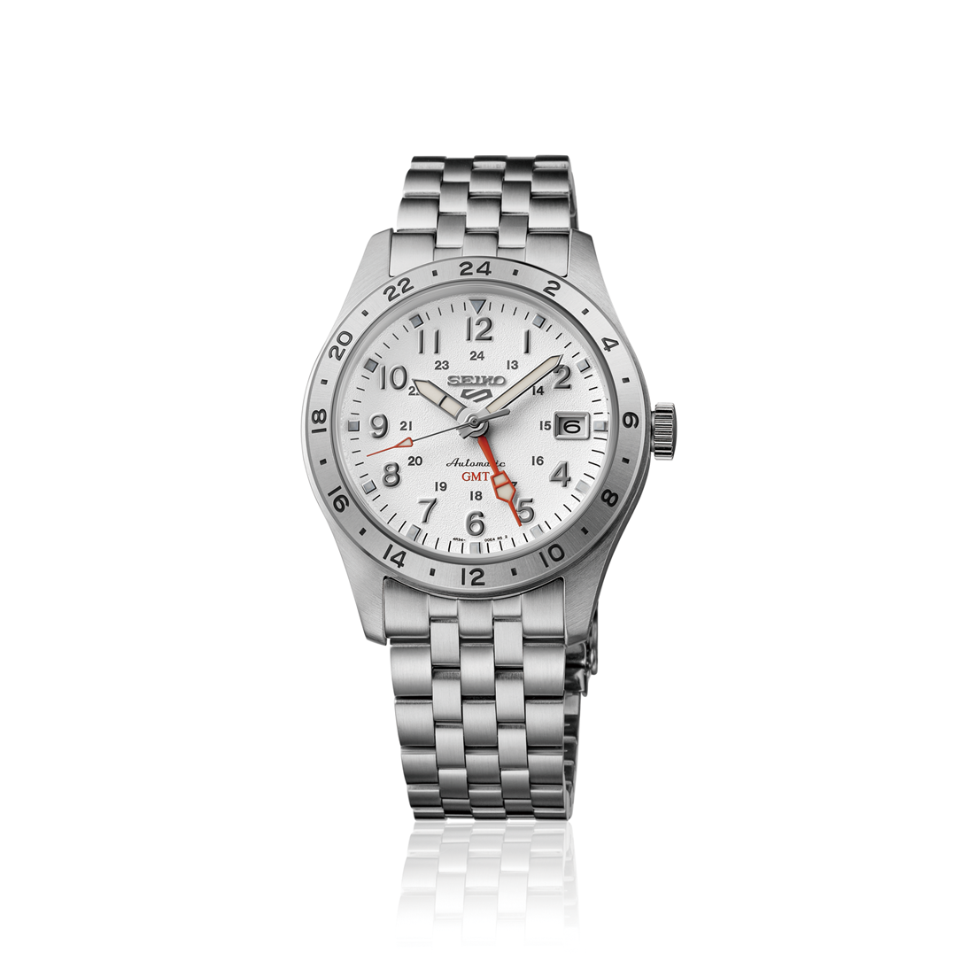 Silver Seiko watch with a white face on a white background