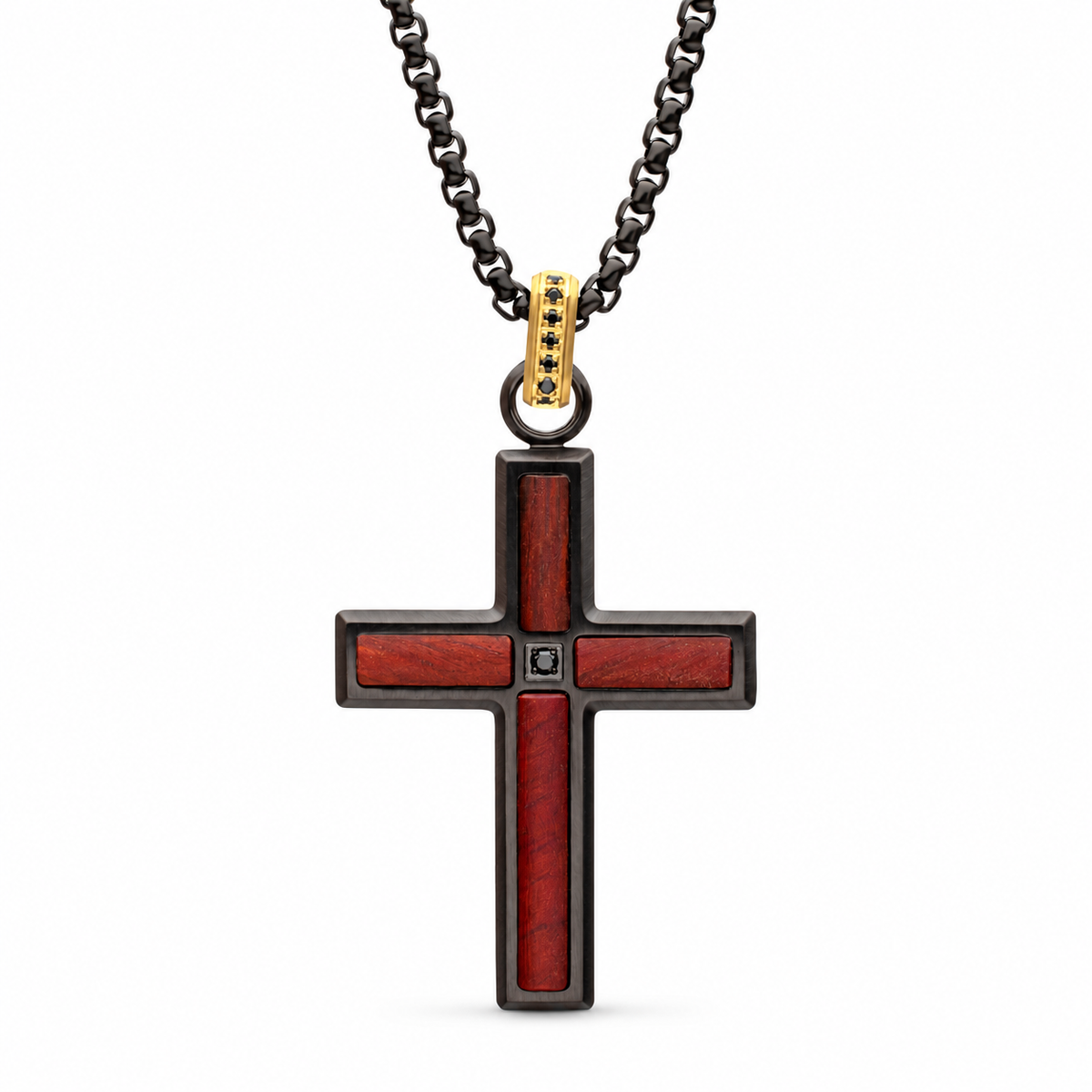 INOX matte black stainless steel sandalwood cross necklace with black spinel center and gold-tone crown link bail.