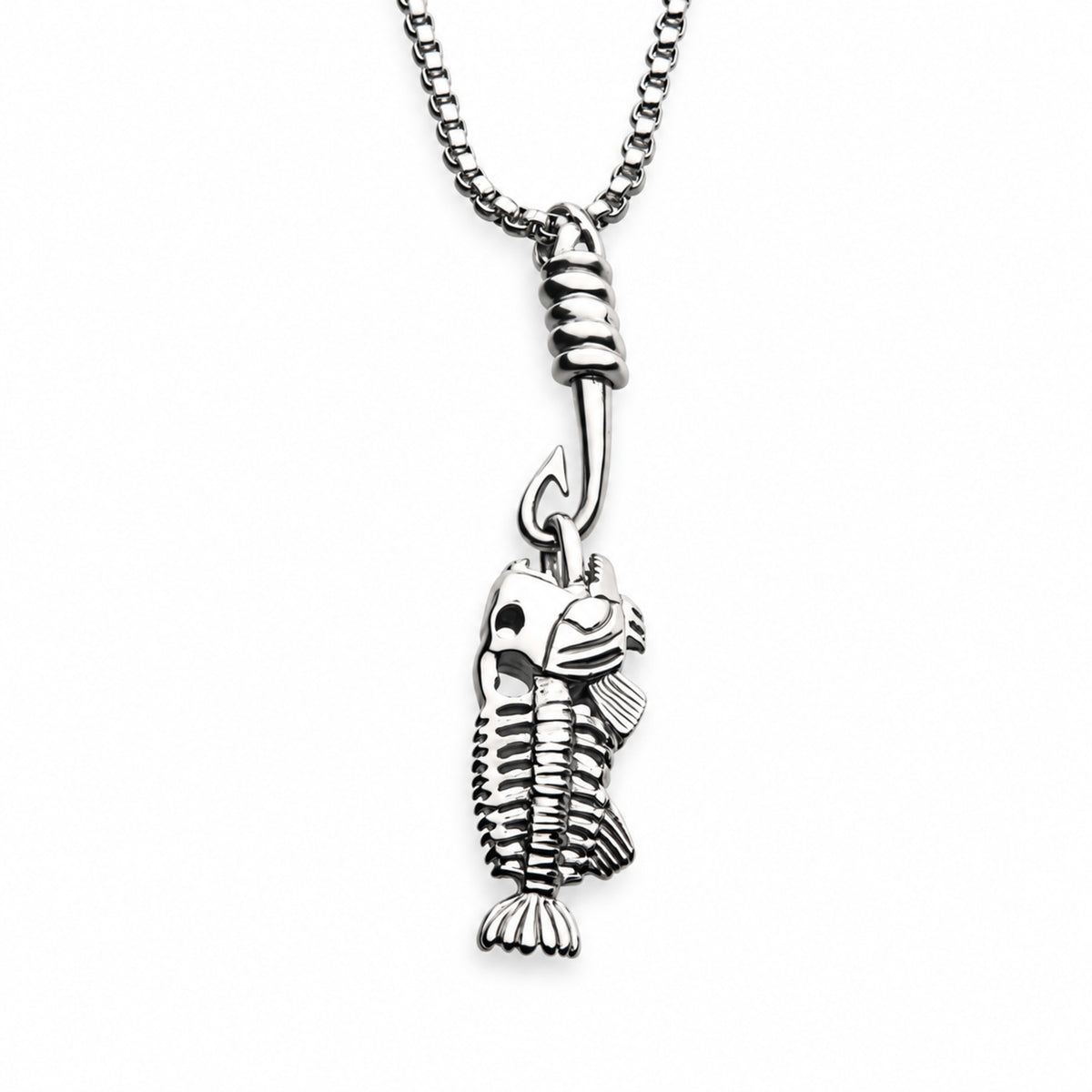 Front view of INOX polished stainless steel fishbone pendant with fishhook detail and box chain.