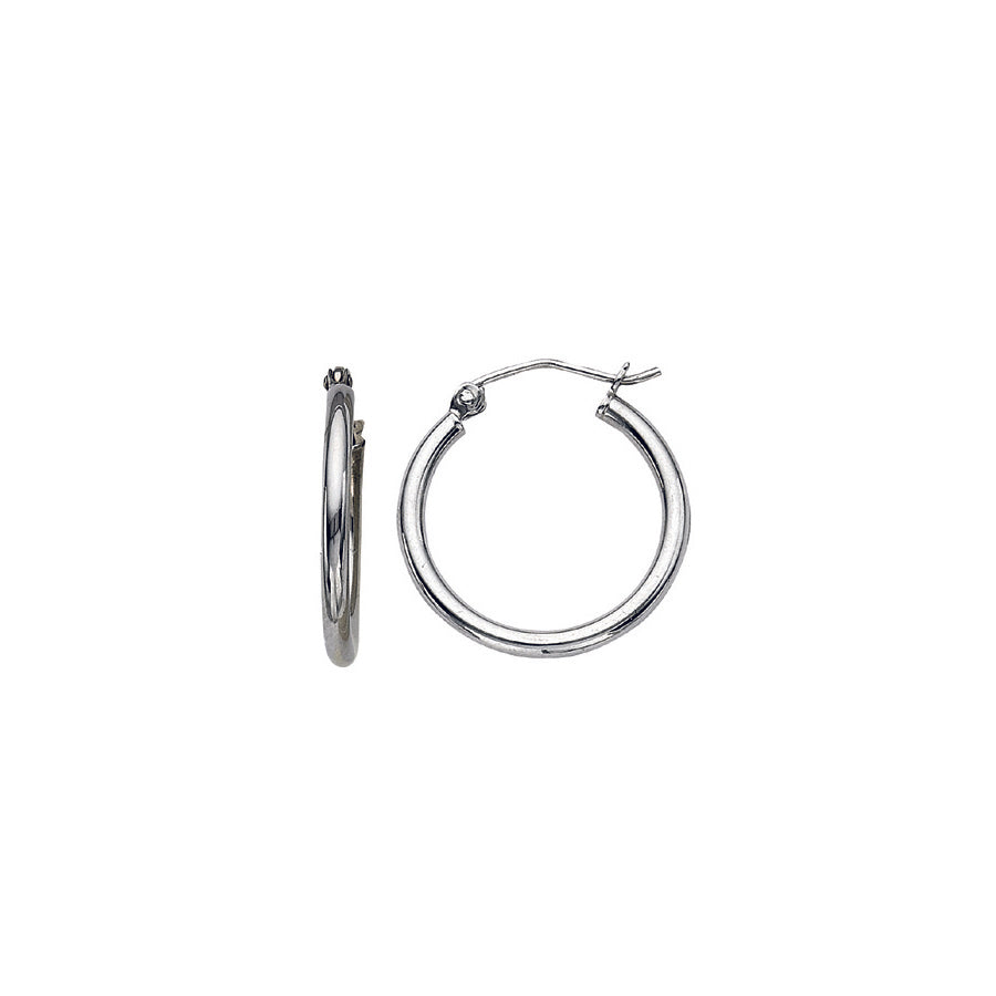 Front and Side View Sterling Silver Rhodium Plated 2X20MM Polished Hoop Earrings