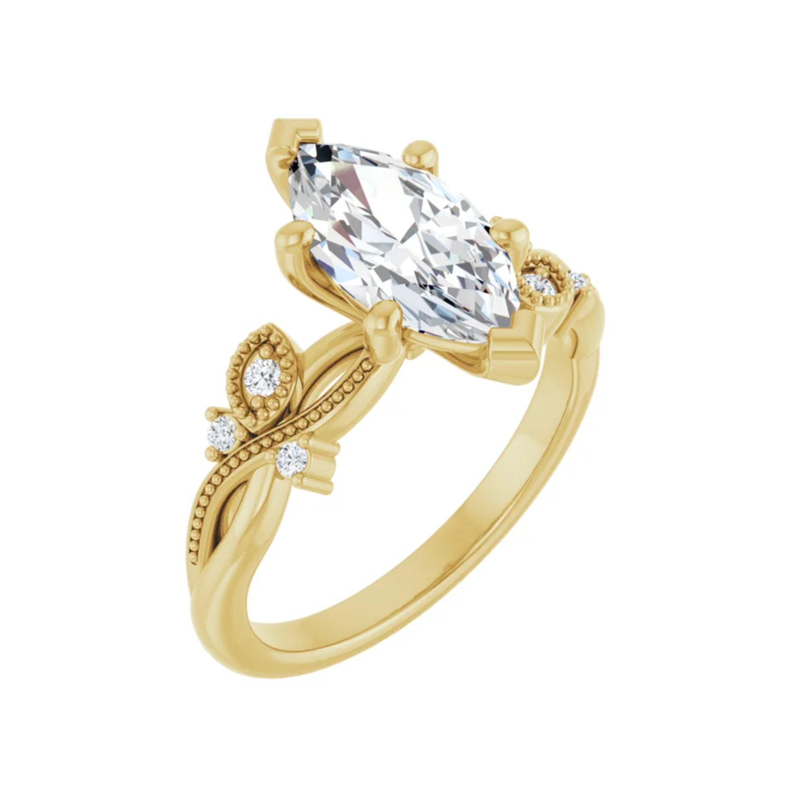 The "Fiona" — 14K Yellow Gold Certified 1.60CTW. Marquise-Cut Lab-Grown Diamond Accented Nature-Inspired Engagement Ring