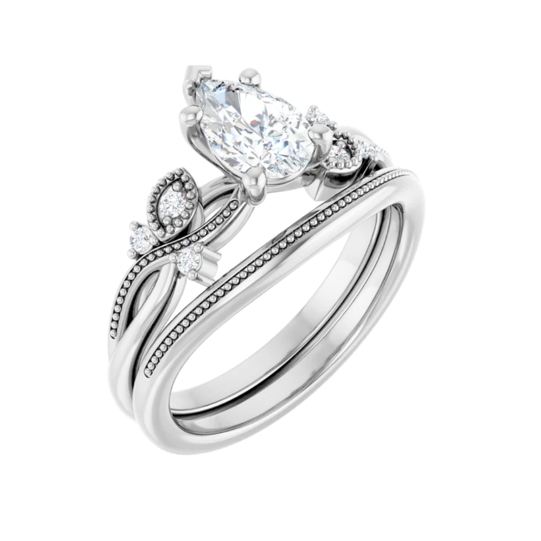 The "Ivy" — 14K White Gold 3/4CT. Pear-Cut Lab-Grown Diamond Nature-Inspired Engagement Ring & Matching Band