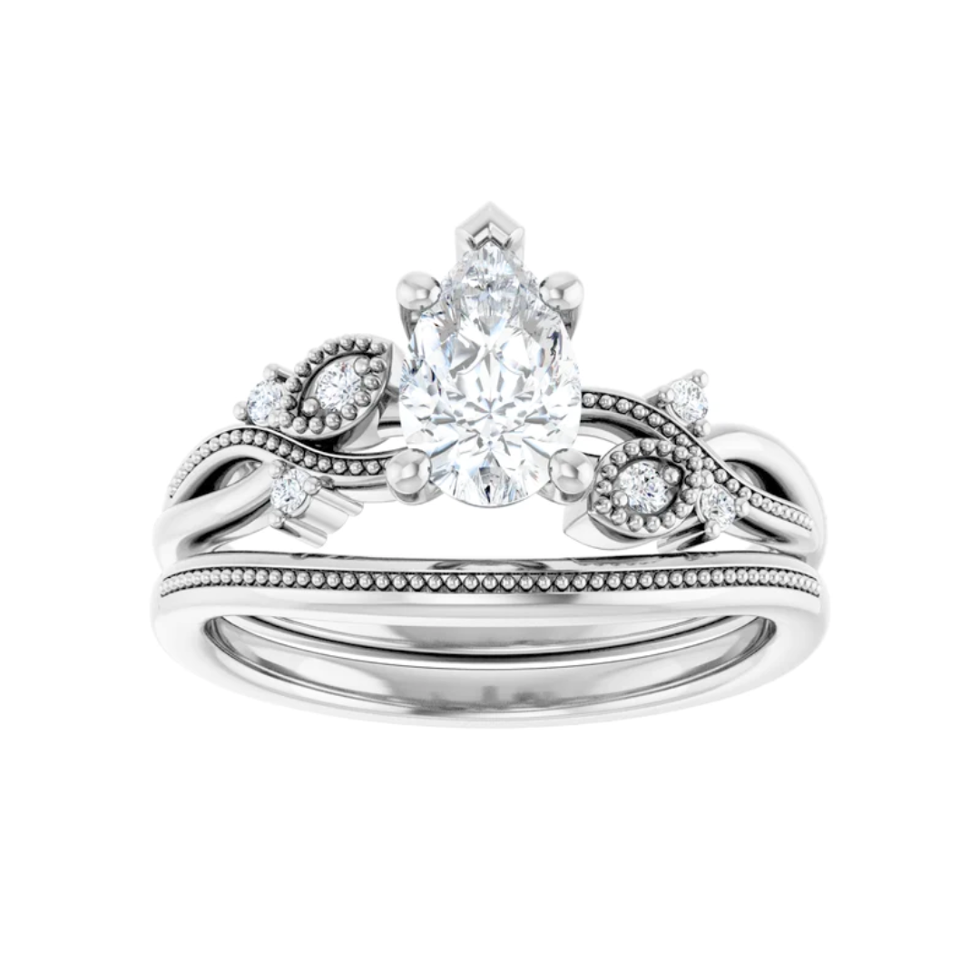 The "Ivy" — 14K White Gold 3/4CT. Pear-Cut Lab-Grown Diamond Nature-Inspired Engagement Ring & Matching Band