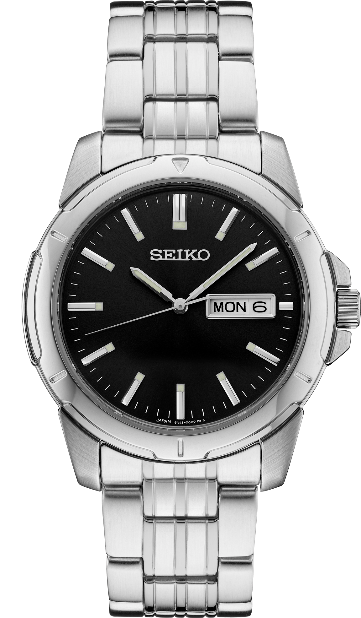 A SEIKO men's stainless steel watch with a black dial, featuring day/date calendar and LumiBrite hands.