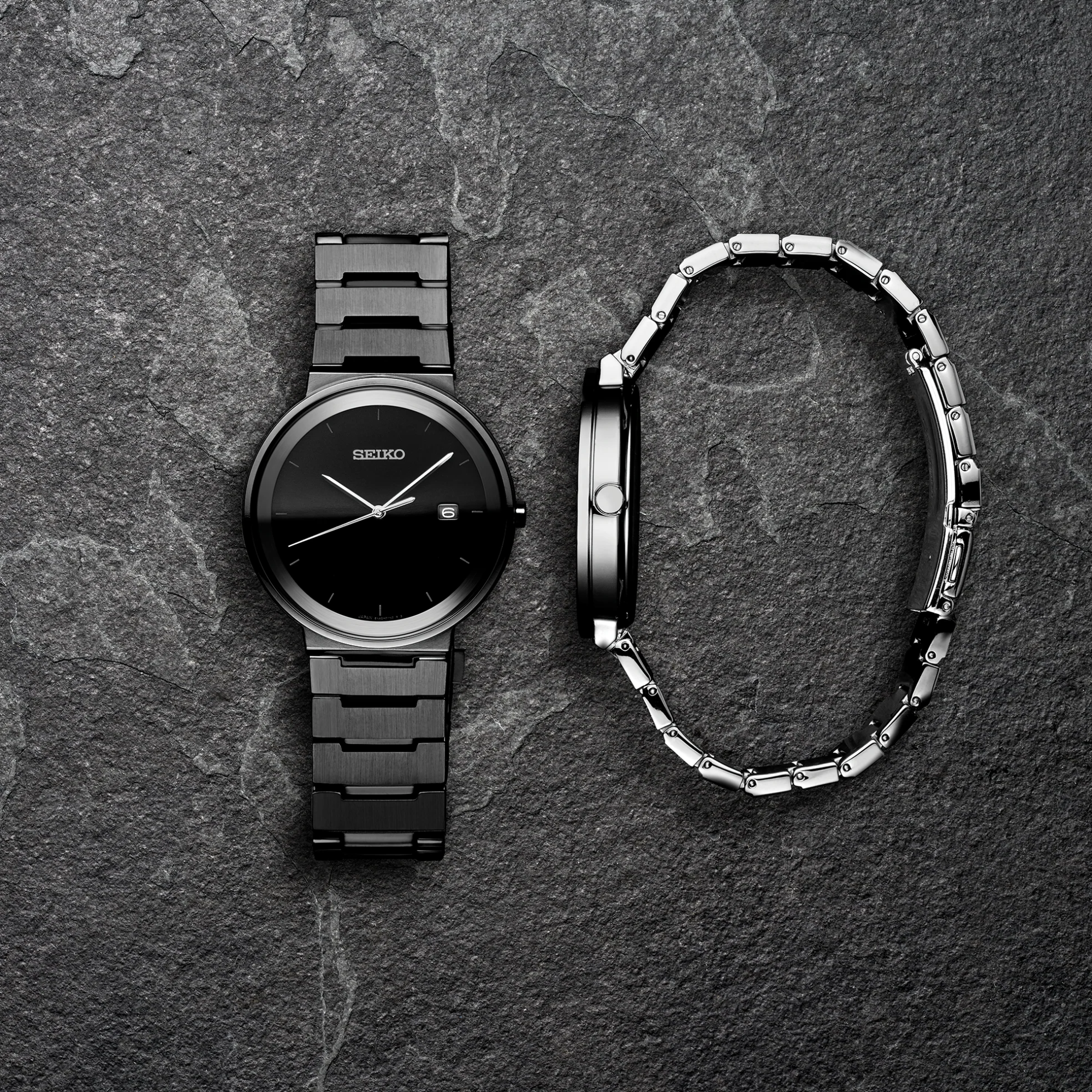 SEIKO MEN'S ESSENTIALS Contemporary Black Sunray Dial Watch With Black Ion Finish