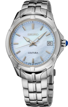 Seiko Coutura watch with silver metal strap on a white background