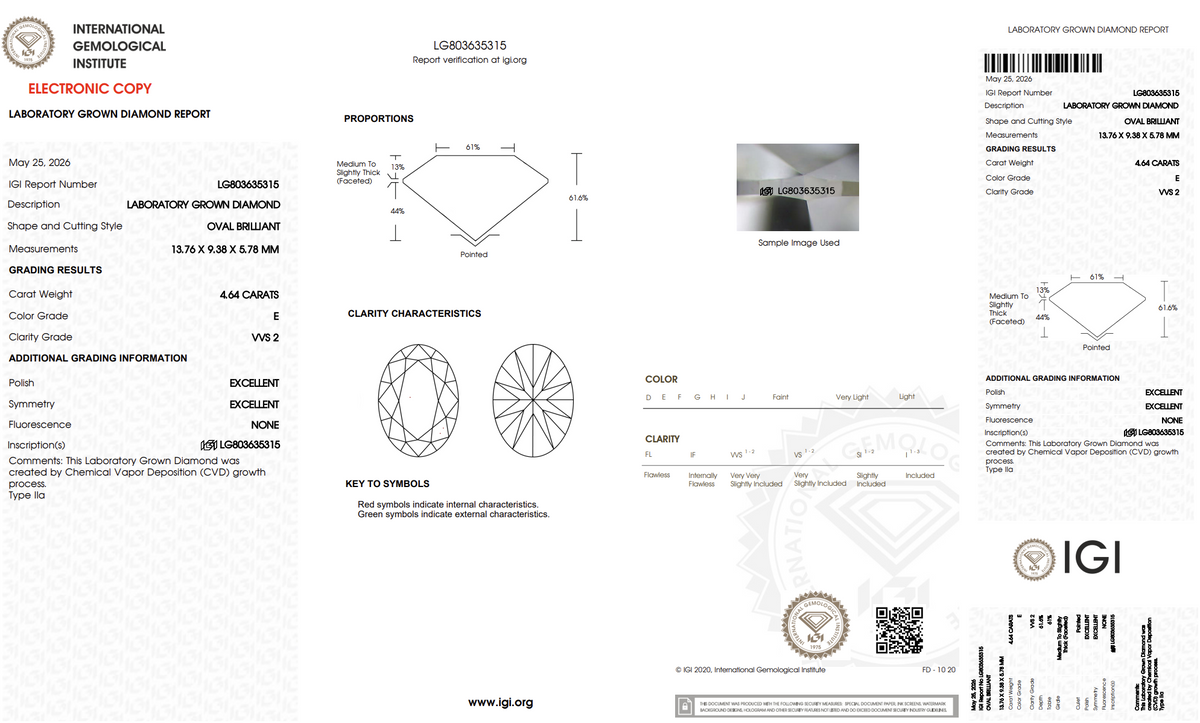 IGI report LG803635315 for a 4.64-carat oval brilliant CVD lab-grown diamond: E color, VVS2 clarity, Excellent polish and symmetry, no fluorescence.