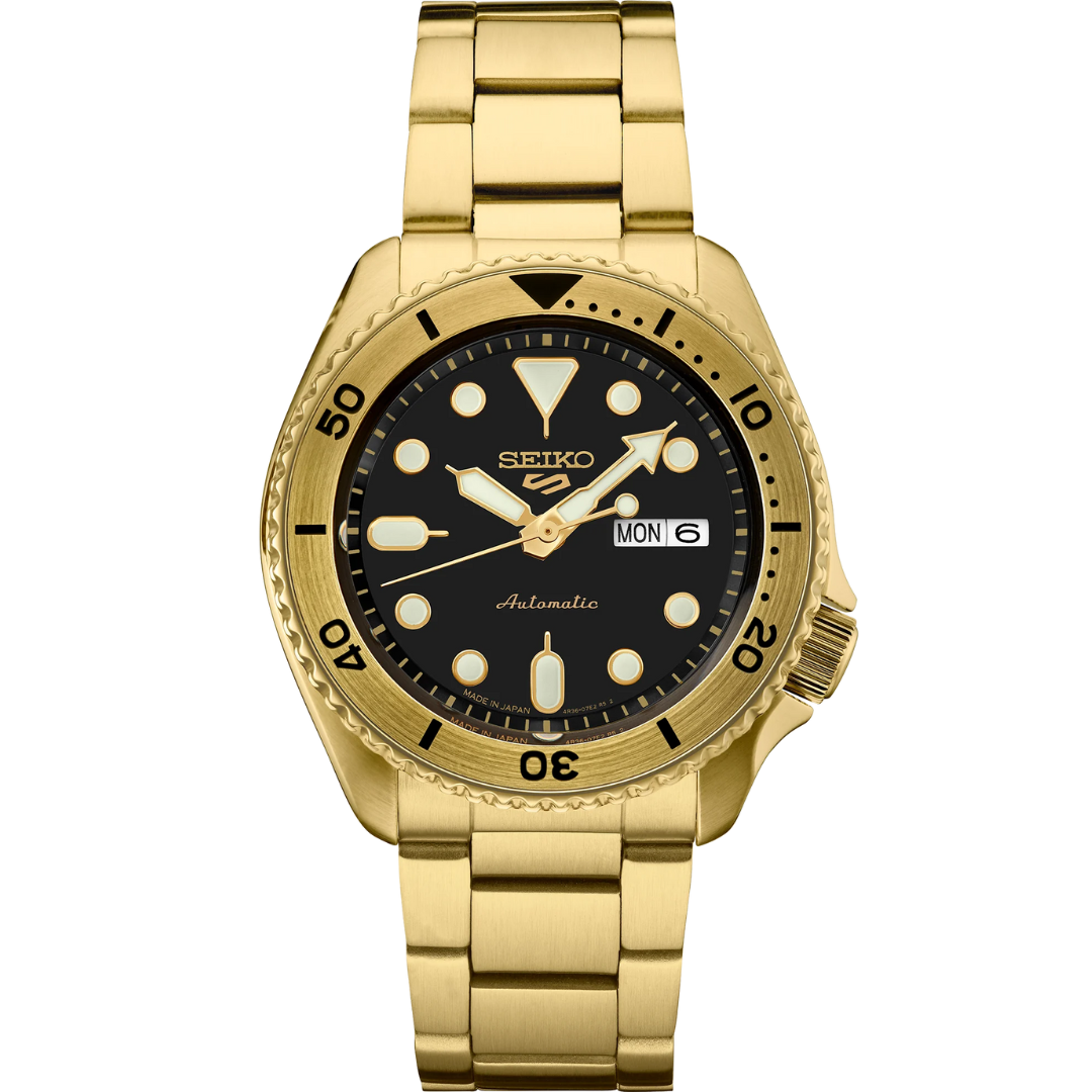 Front view of SEIKO MEN'S 5 SPORTS Automatic Black-Dial & Gold-Tone Case Watch on transparent background.