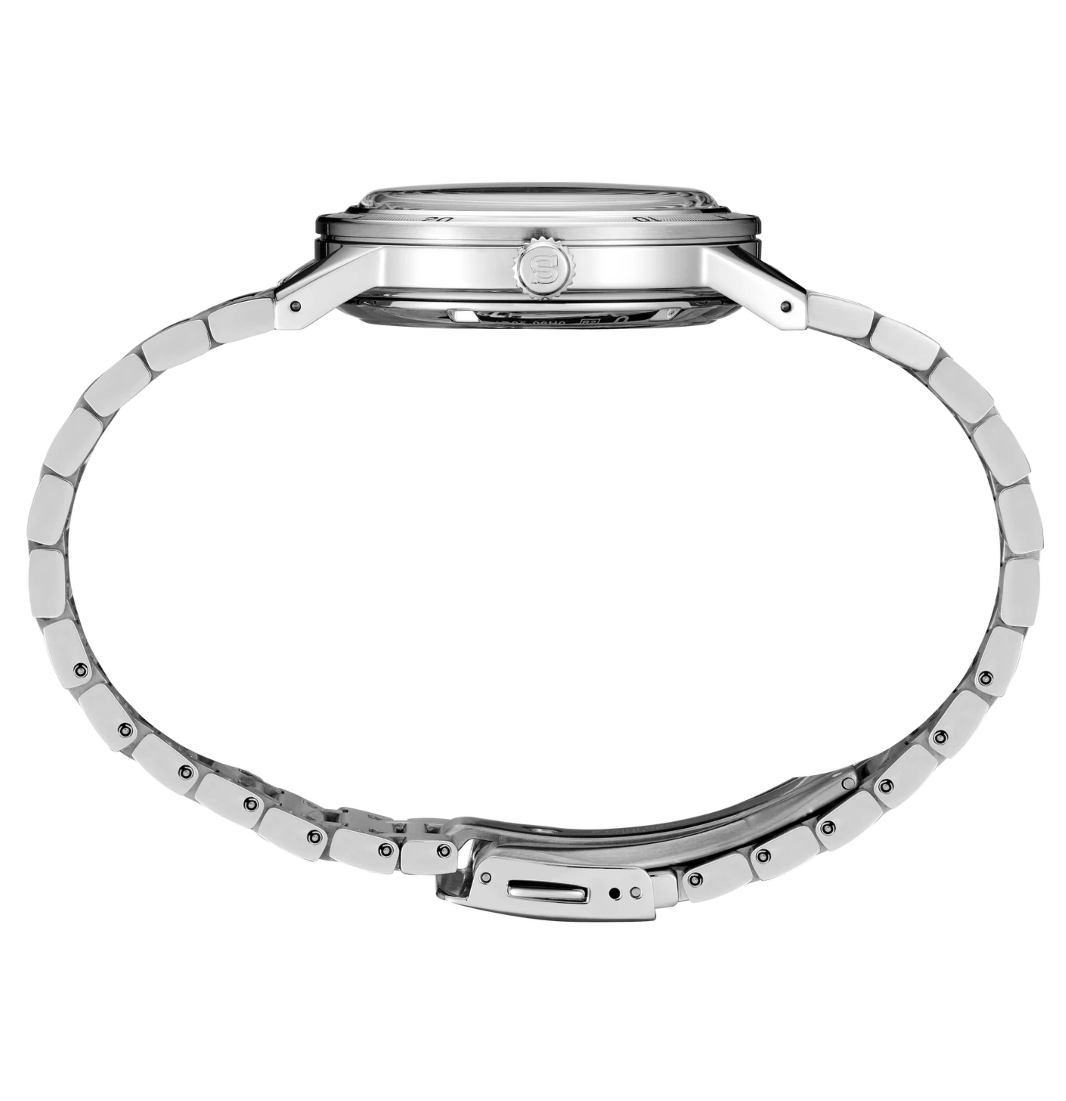 Silver watch case on a white background