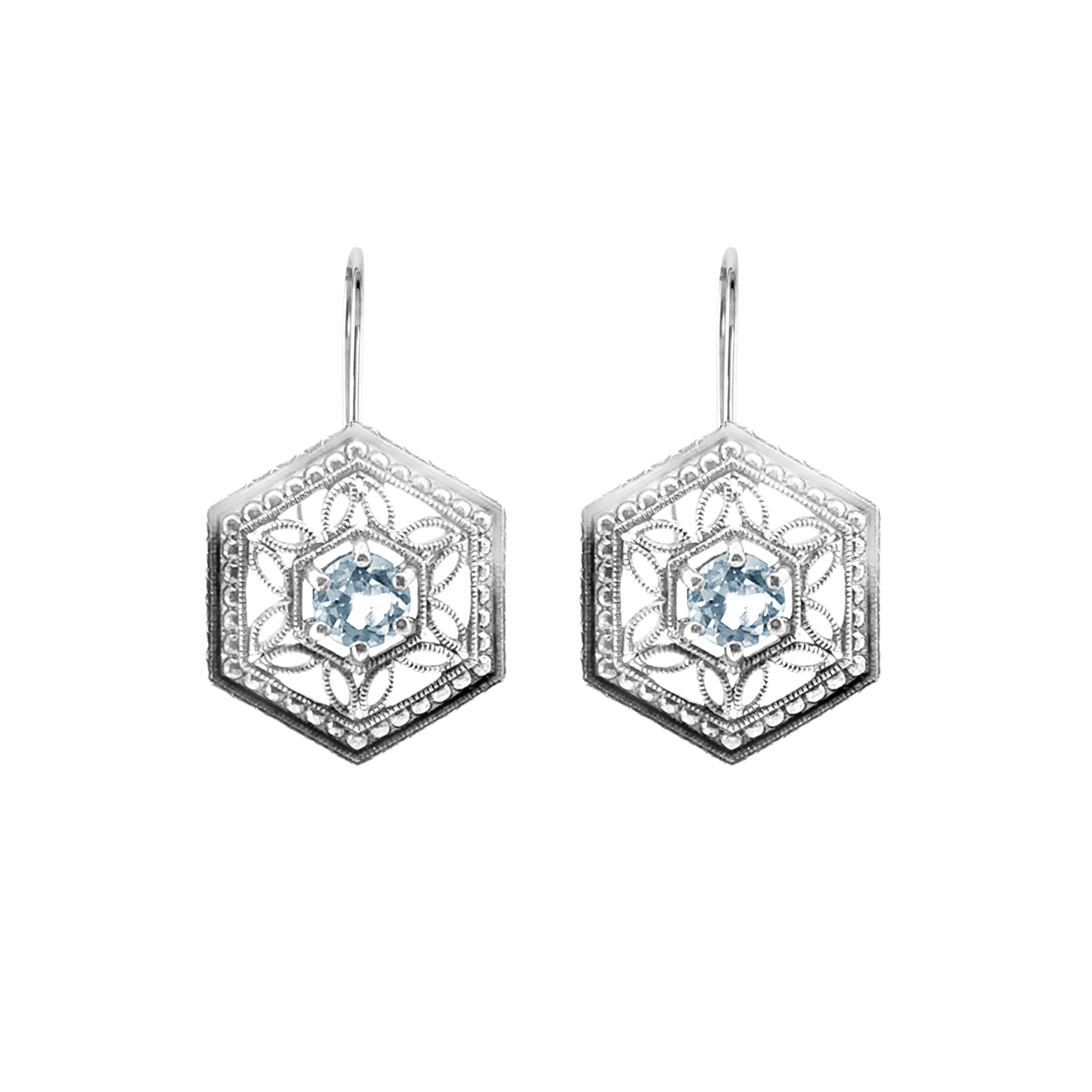 Sterling Silver Sky Blue Topaz Hexagon Art Deco Style Filigree Earrings
