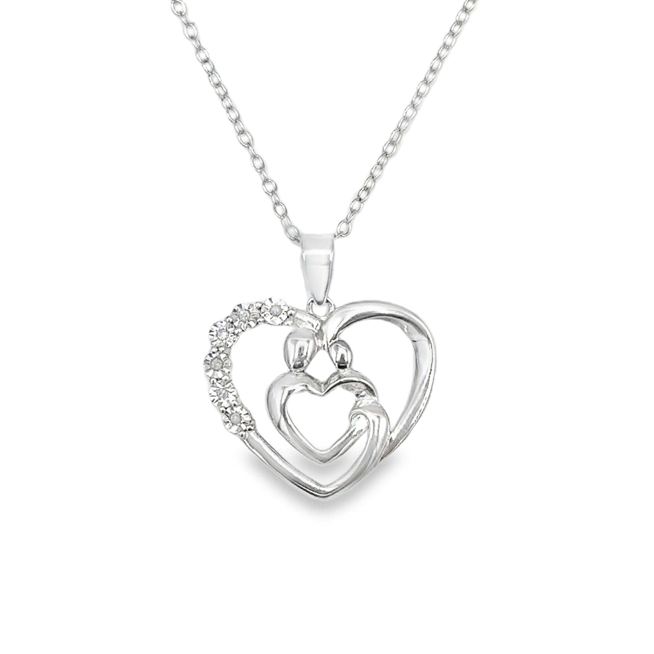 Sterling Silver 1/5CT. Diamond Parent & Child Embrace Pendant Necklace