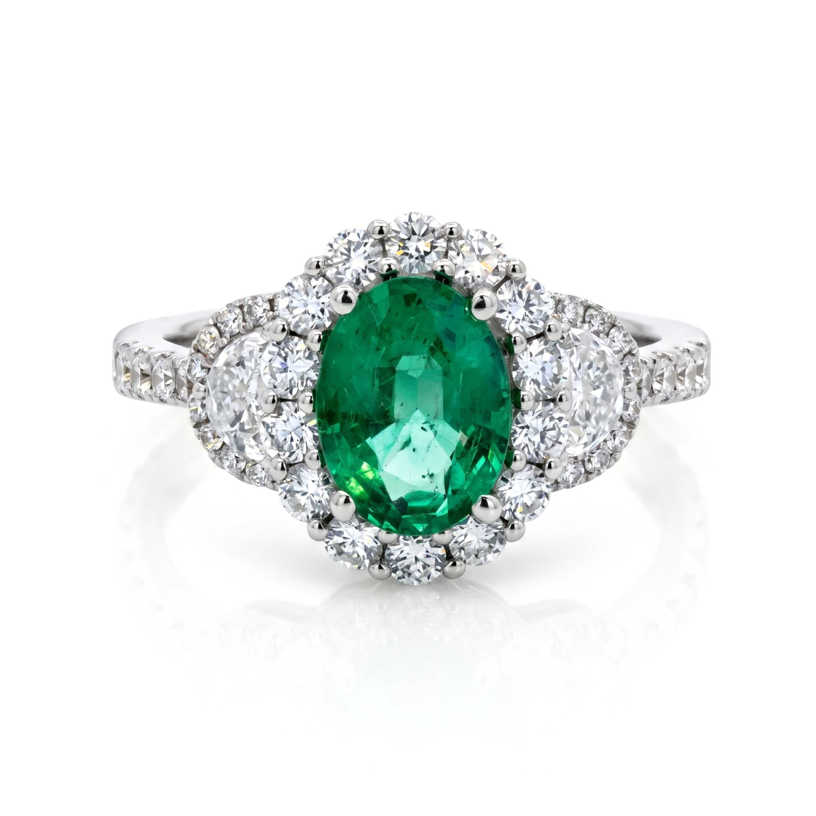 18K White Gold 1.52CT. Oval Natural Emerald and 1.16CTW. Diamond Halo 3-Stone Accented Ring