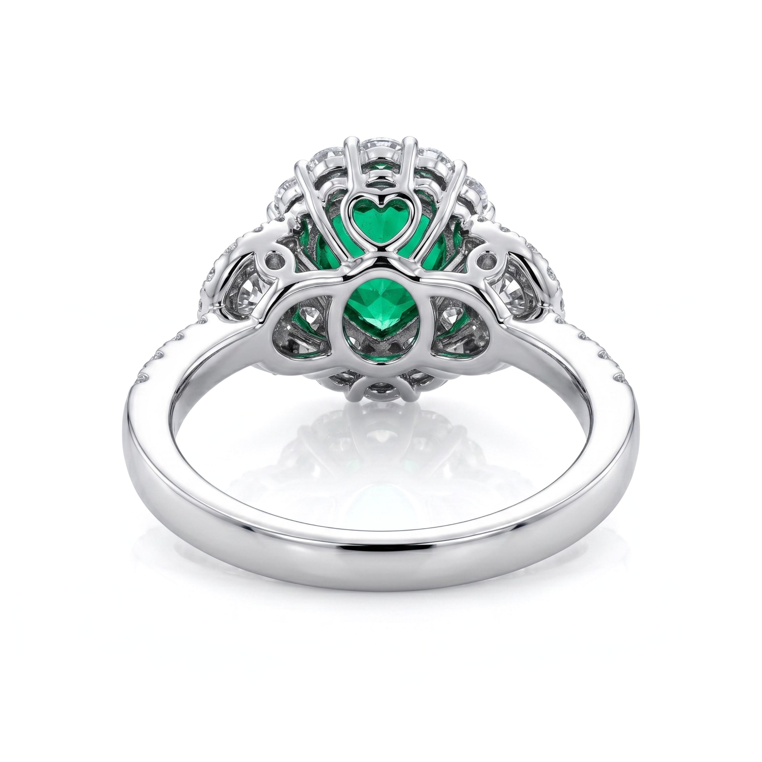 18K White Gold 1.52CT. Oval Natural Emerald and 1.16CTW. Diamond Halo 3-Stone Accented Ring