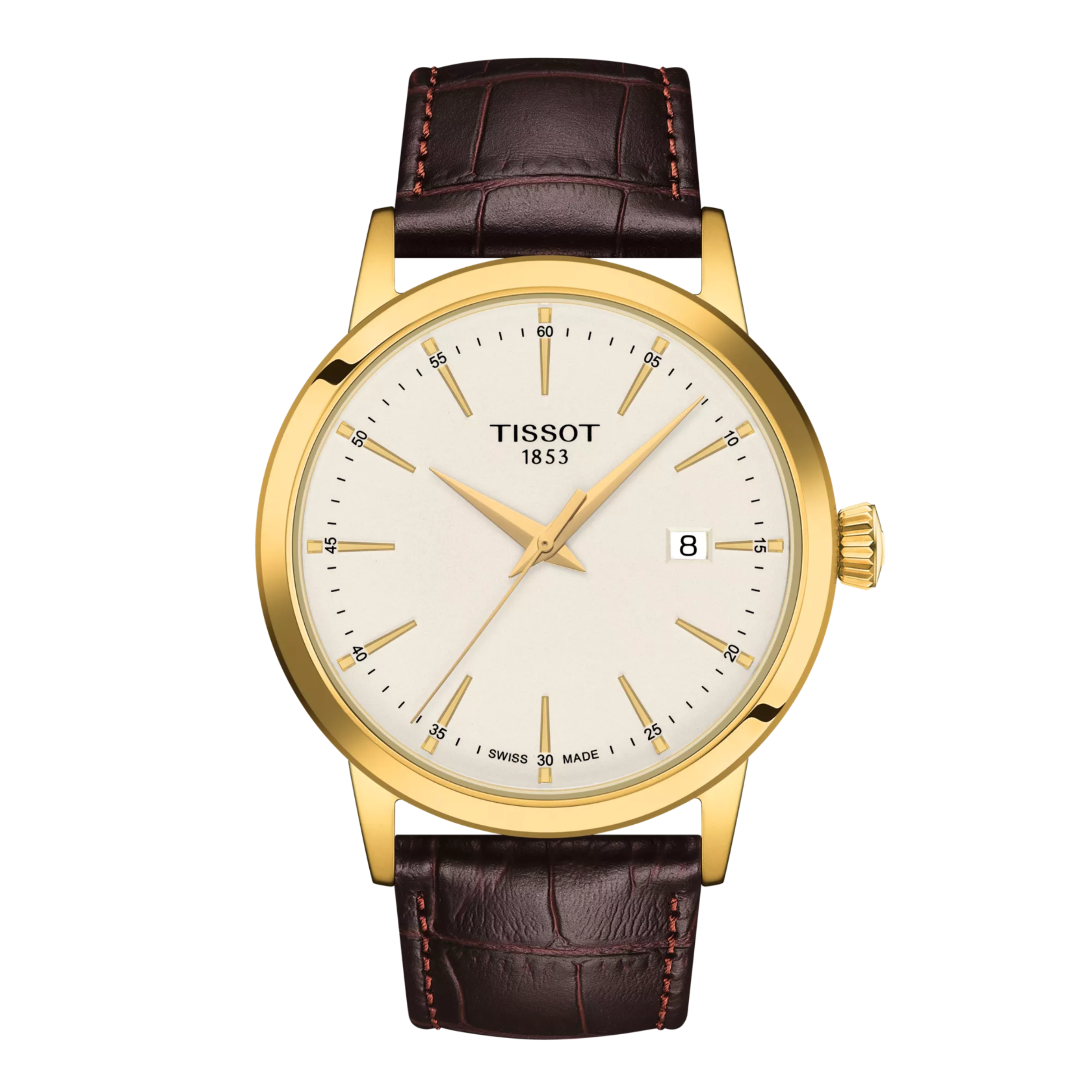 Tissot Classic Dream 42mm Men's Gold-Plated Quartz Ivory Dial Watch with Leather Strap Front