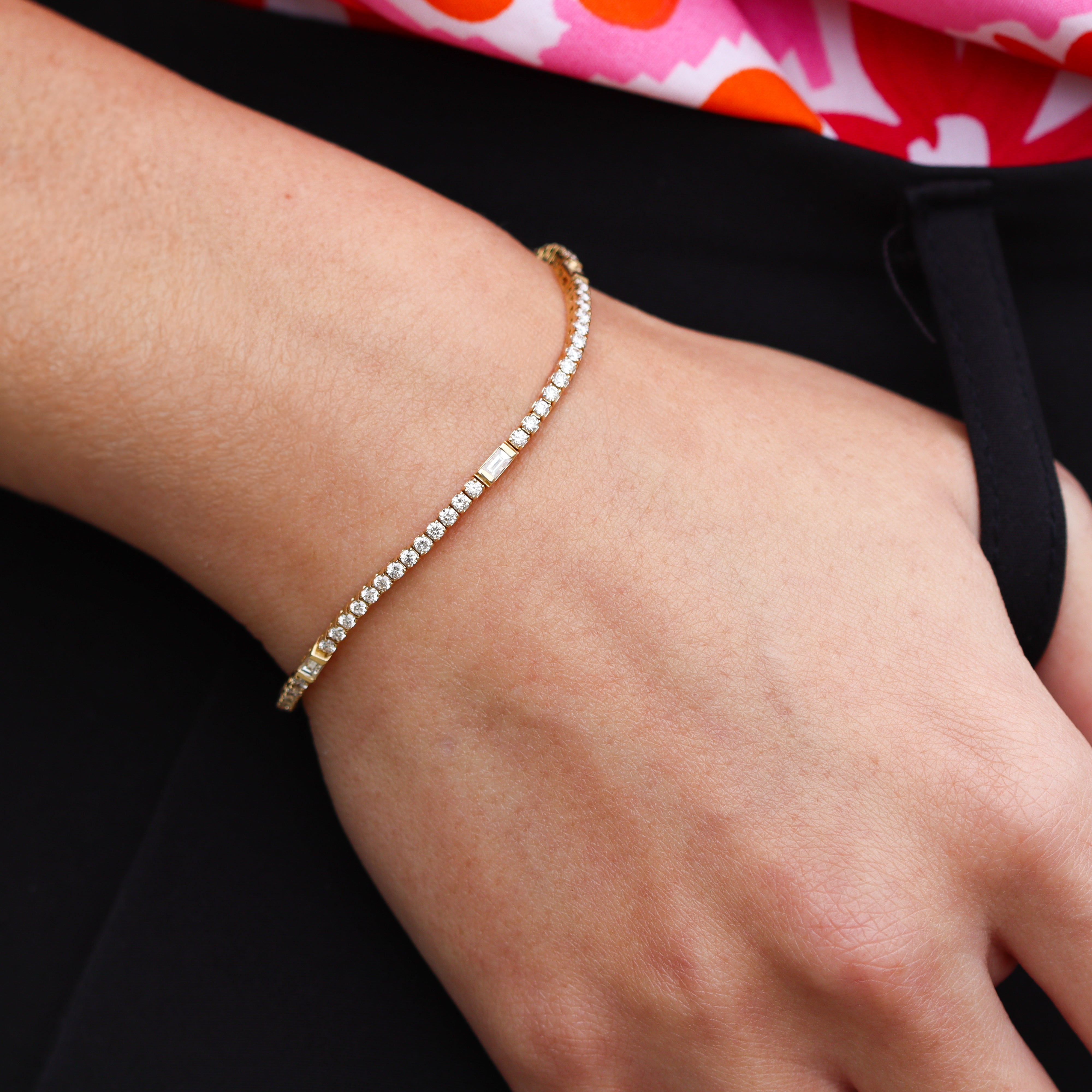 14K Yellow Gold 1.85CTW. Natural Diamond Round & Baguette Tennis Bracelet