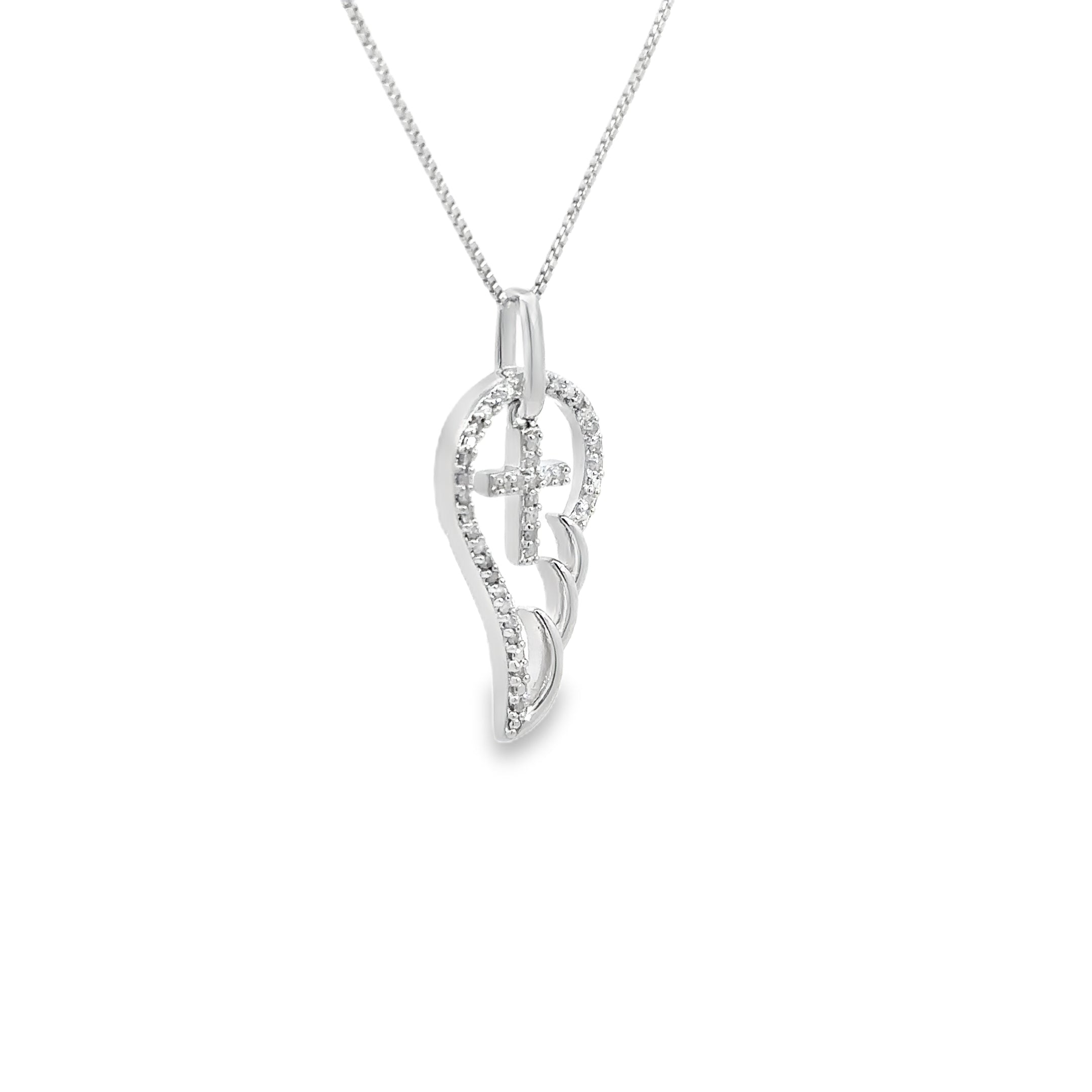 Image of Sterling Silver 1/10CTW. Diamond Angel Wing & Cross Pendant Necklace Angled to the right