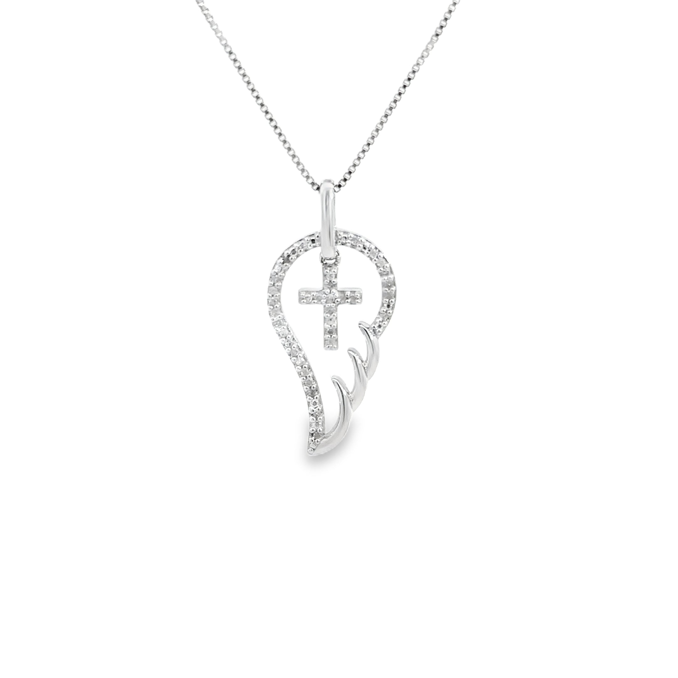 Front View of Sterling Silver 1/10CTW. Diamond Angel Wing & Cross Pendant Necklace