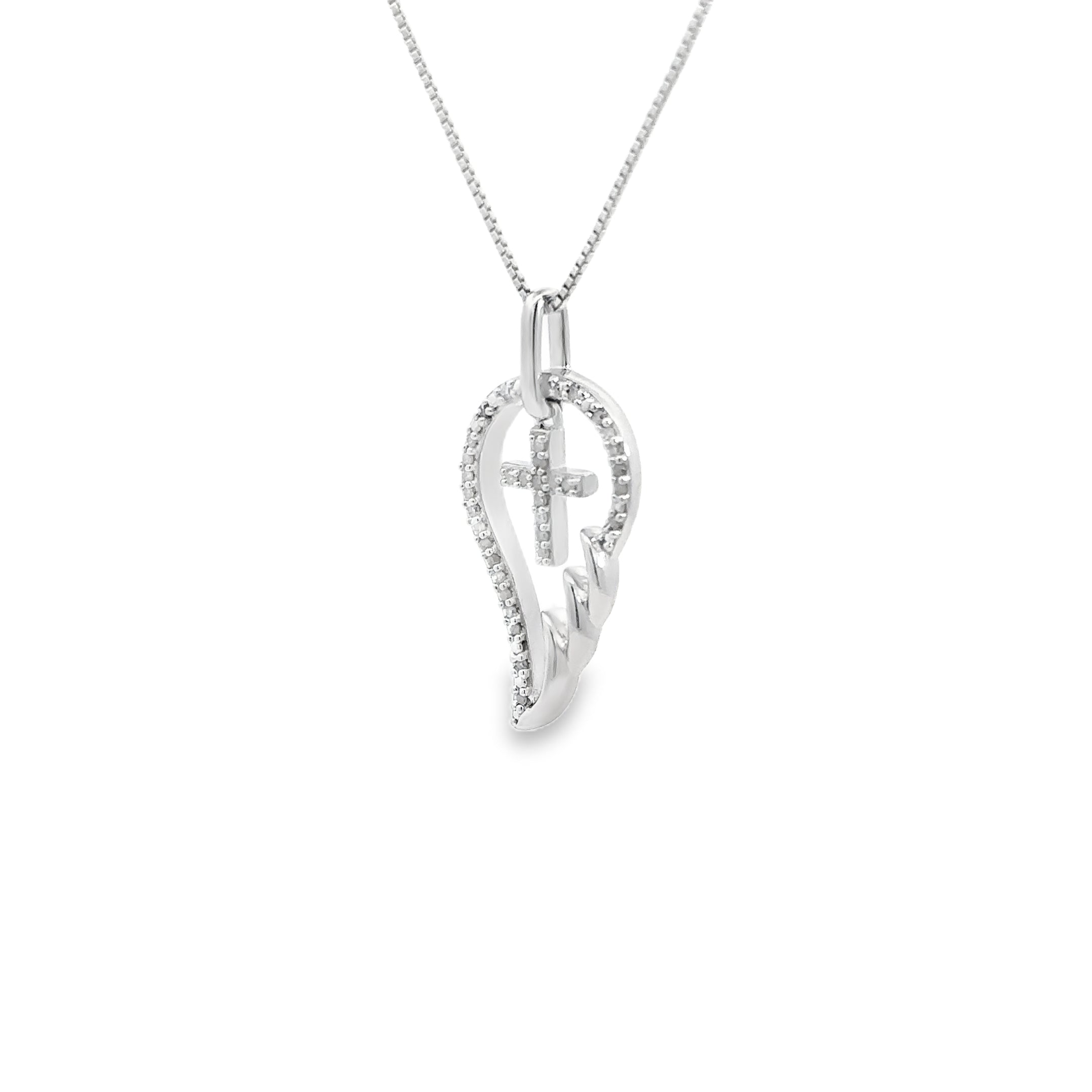 Image of Sterling Silver 1/10CTW. Diamond Angel Wing & Cross Pendant Necklace Angled to the left