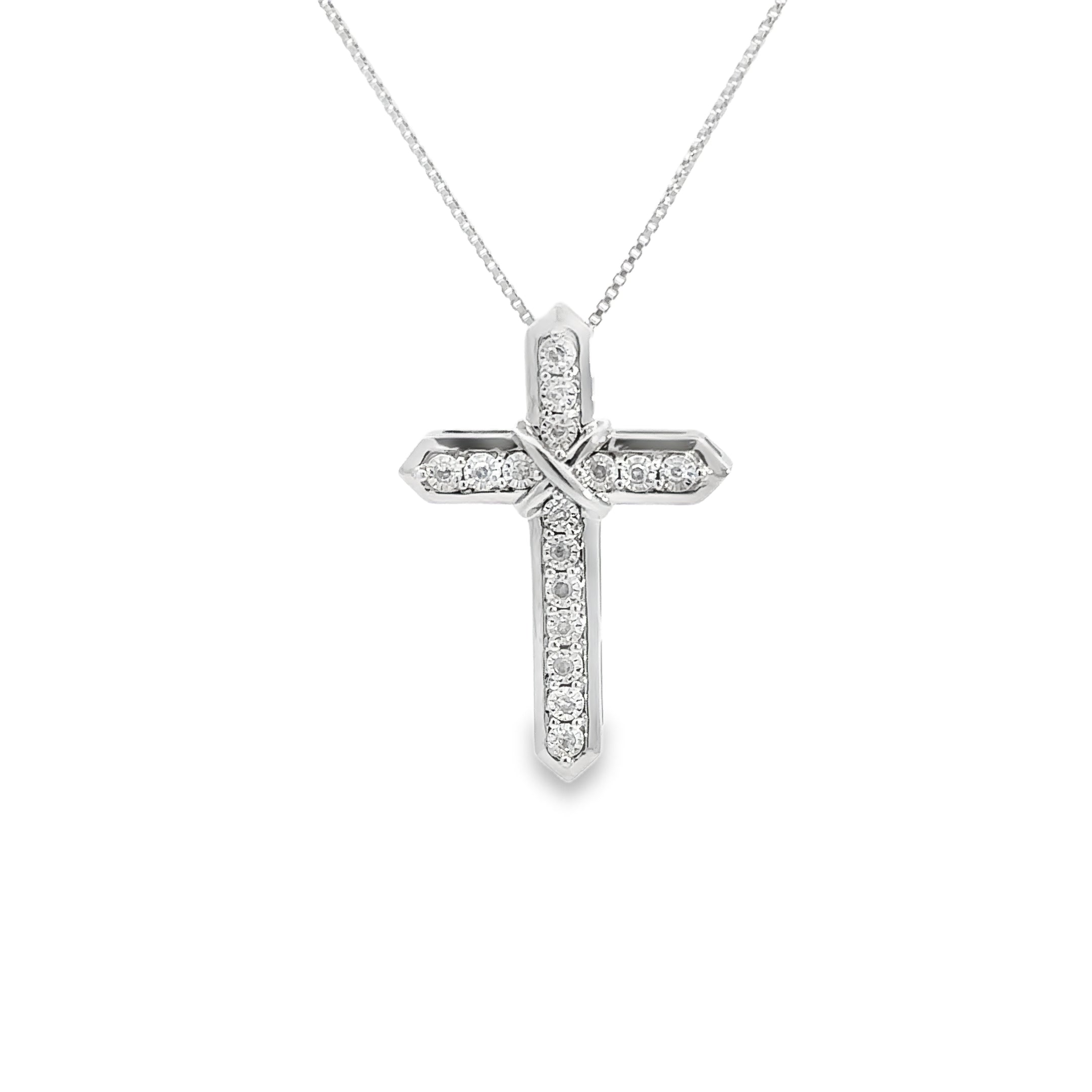 Front View of Sterling Silver 1/10CTW. Diamond Cross Pendant Necklace