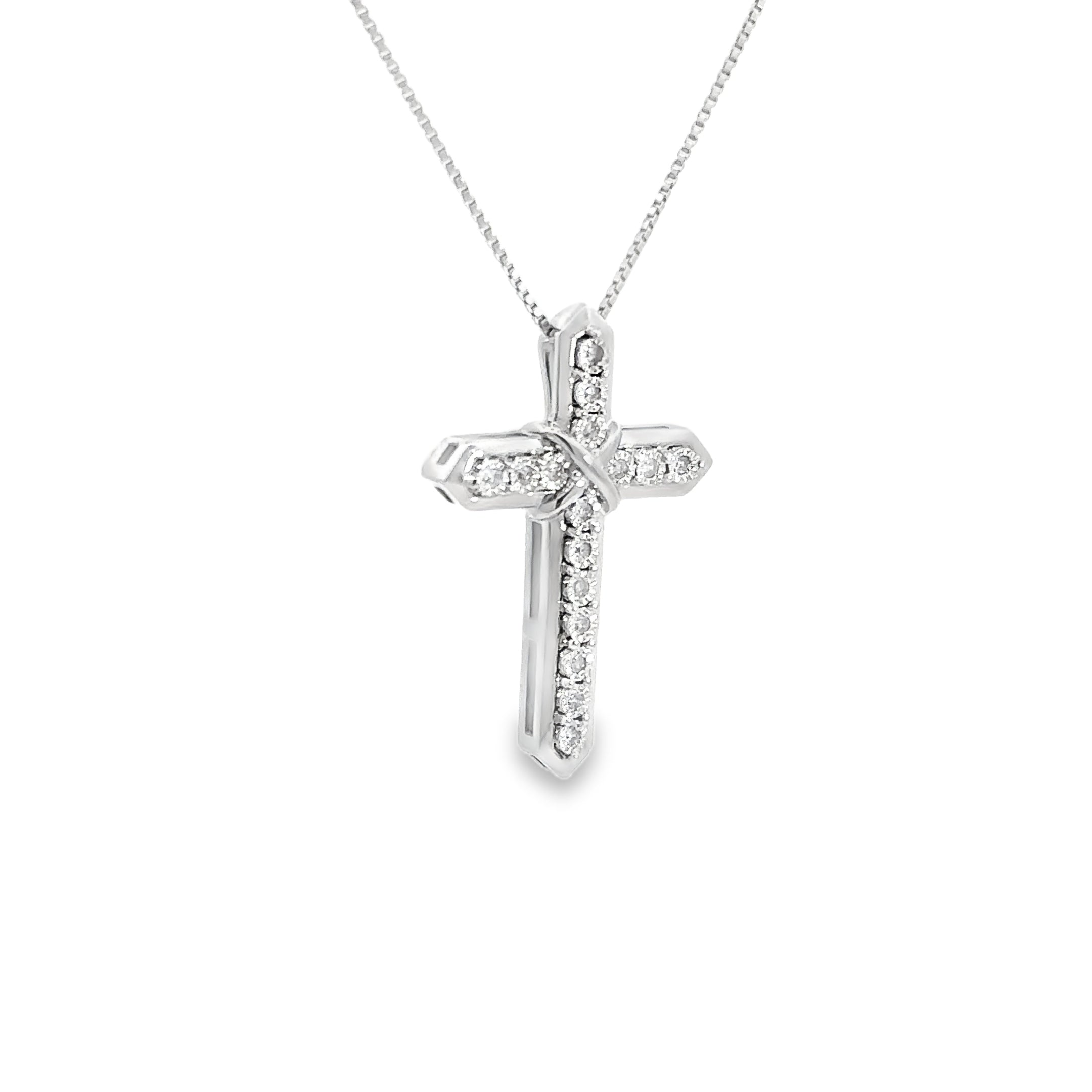 Sterling Silver 1/10CTW. Diamond Cross Pendant Necklace angled to the right