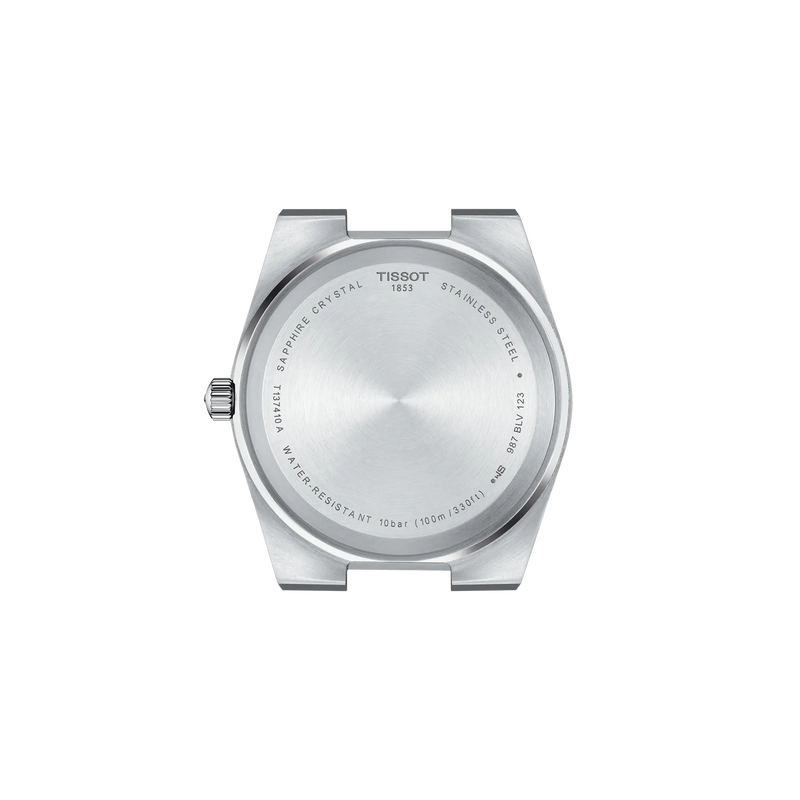 Back of Tissot PRX T137.410.11.401.00 showing the stainless steel caseback and engraved Tissot branding.