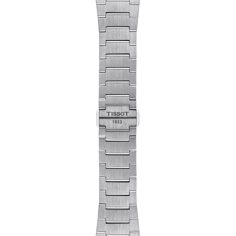 Close-up of the Tissot PRX stainless steel bracelet and butterfly clasp with Tissot 1853 engraving.