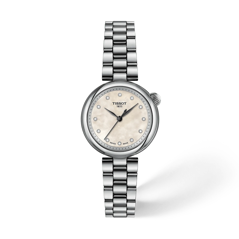 Tissot Desir 28mm women's stainless steel watch with white mother-of-pearl dial, diamond hour markers and silver-tone bracelet, front view.