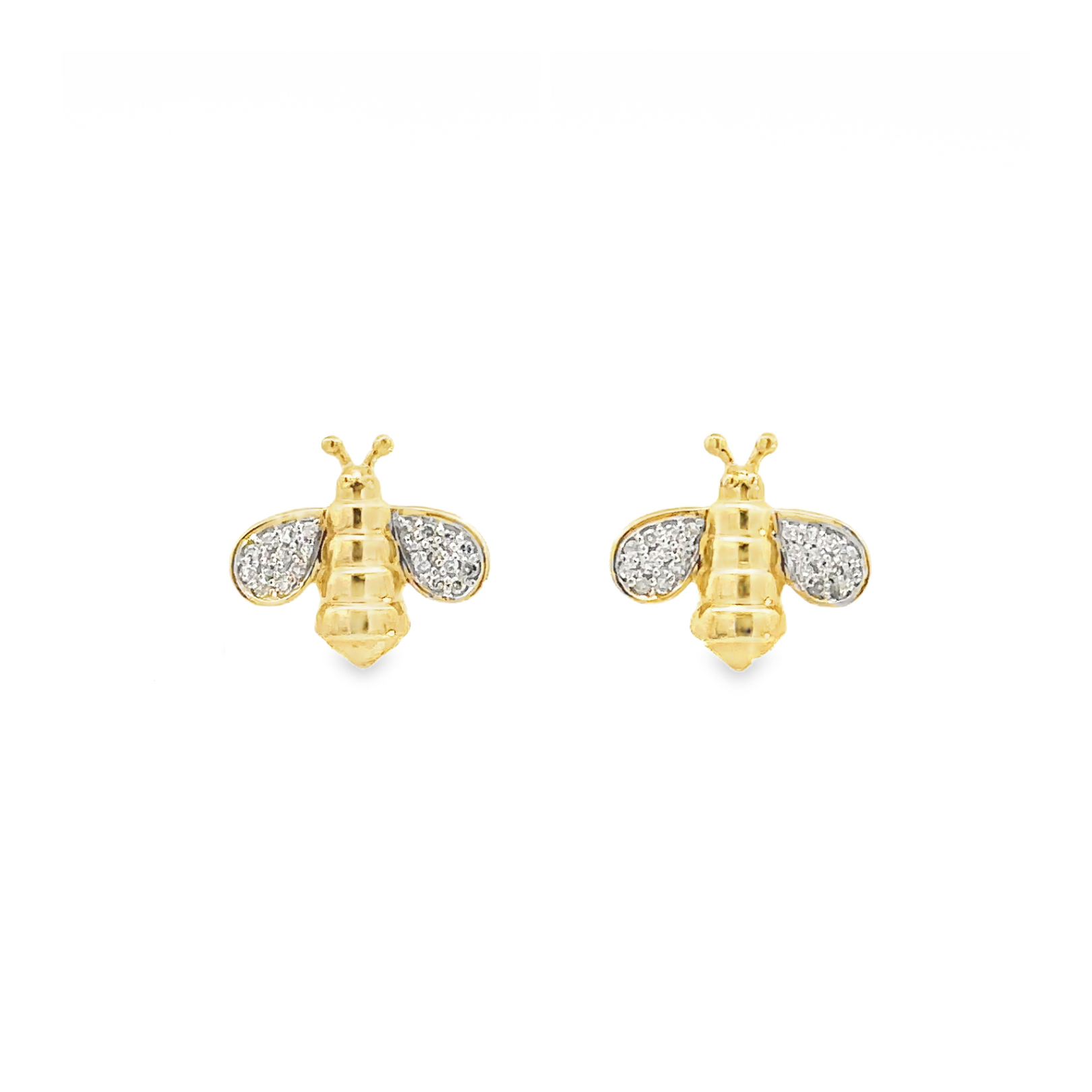 Front view of 10K Yellow Gold 0.11CTW. Diamond Bumble Bee Screw-Back Earrings on white background.