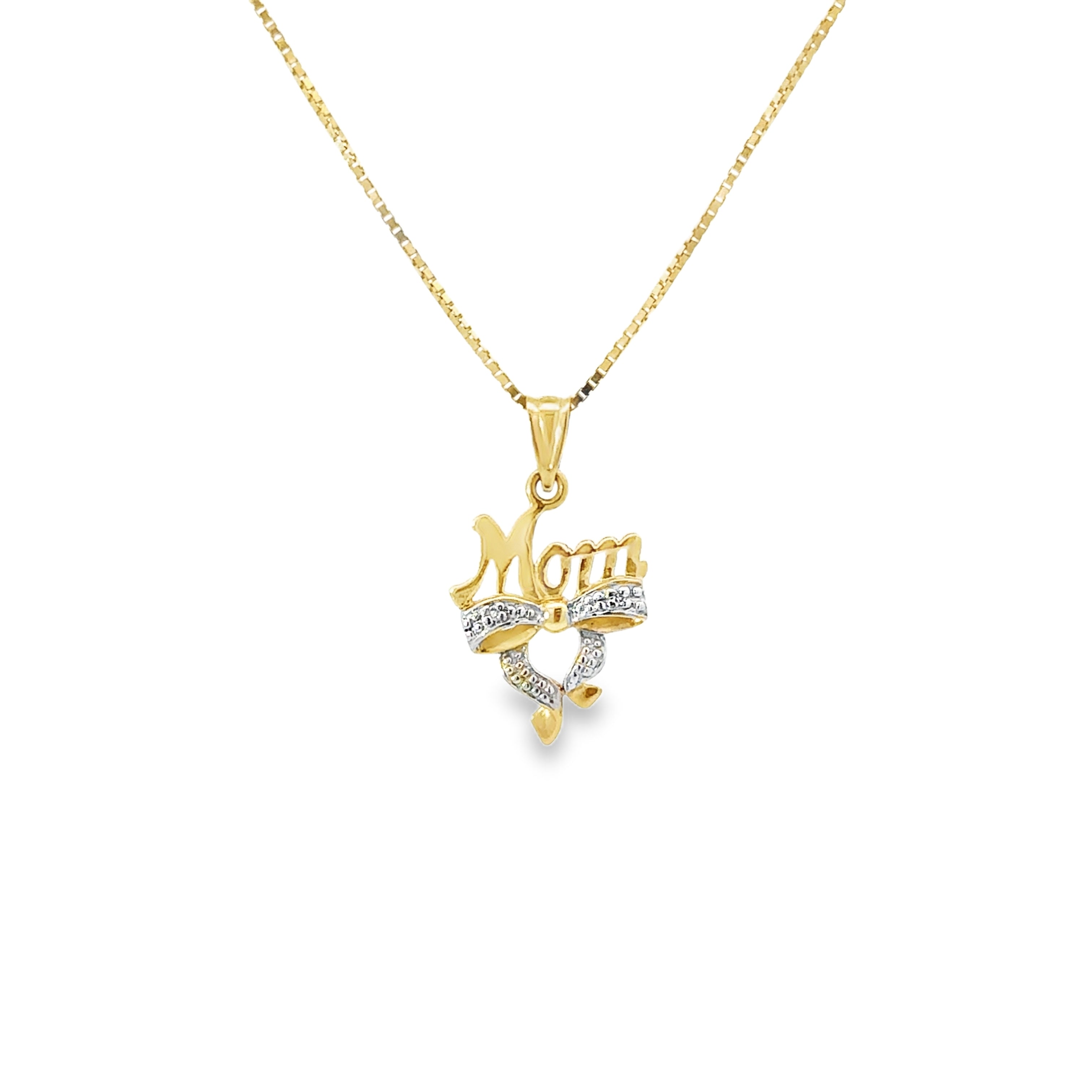Estate 14K Yellow Gold Mom Bow Pendant Necklace With New 10K Chain
