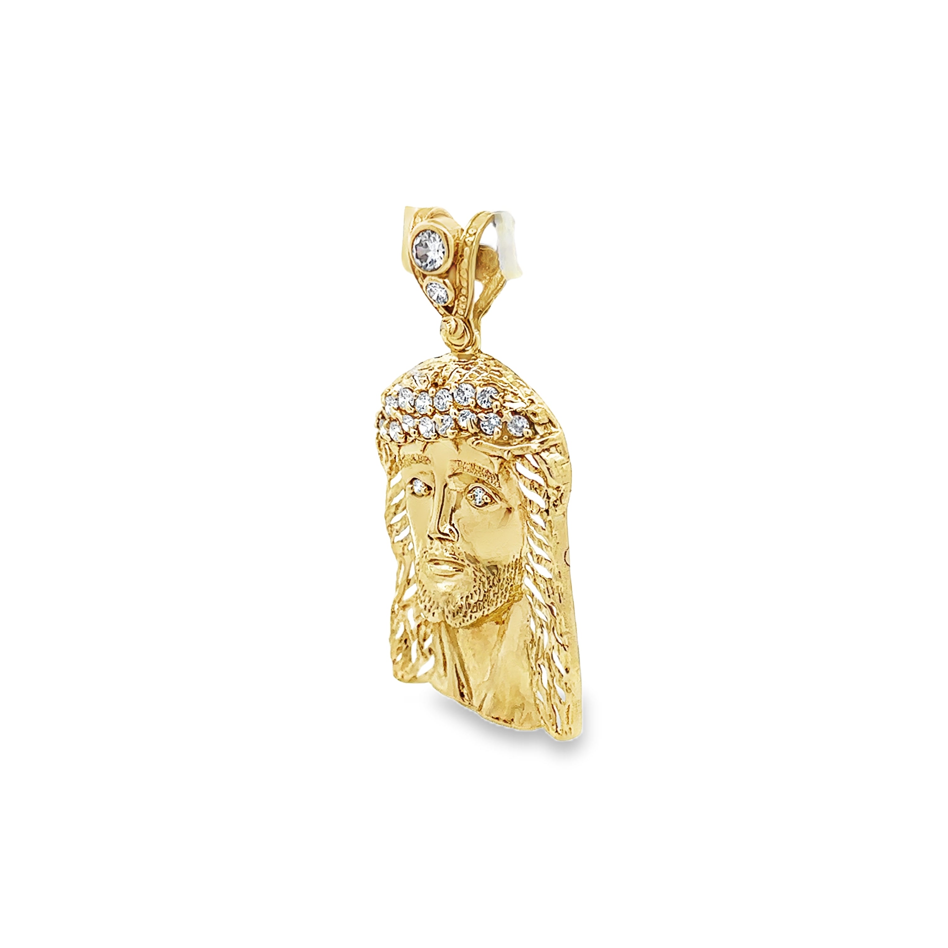 Side view Estate 10K Yellow Gold Cubic Zirconia Jesus Head Pendant