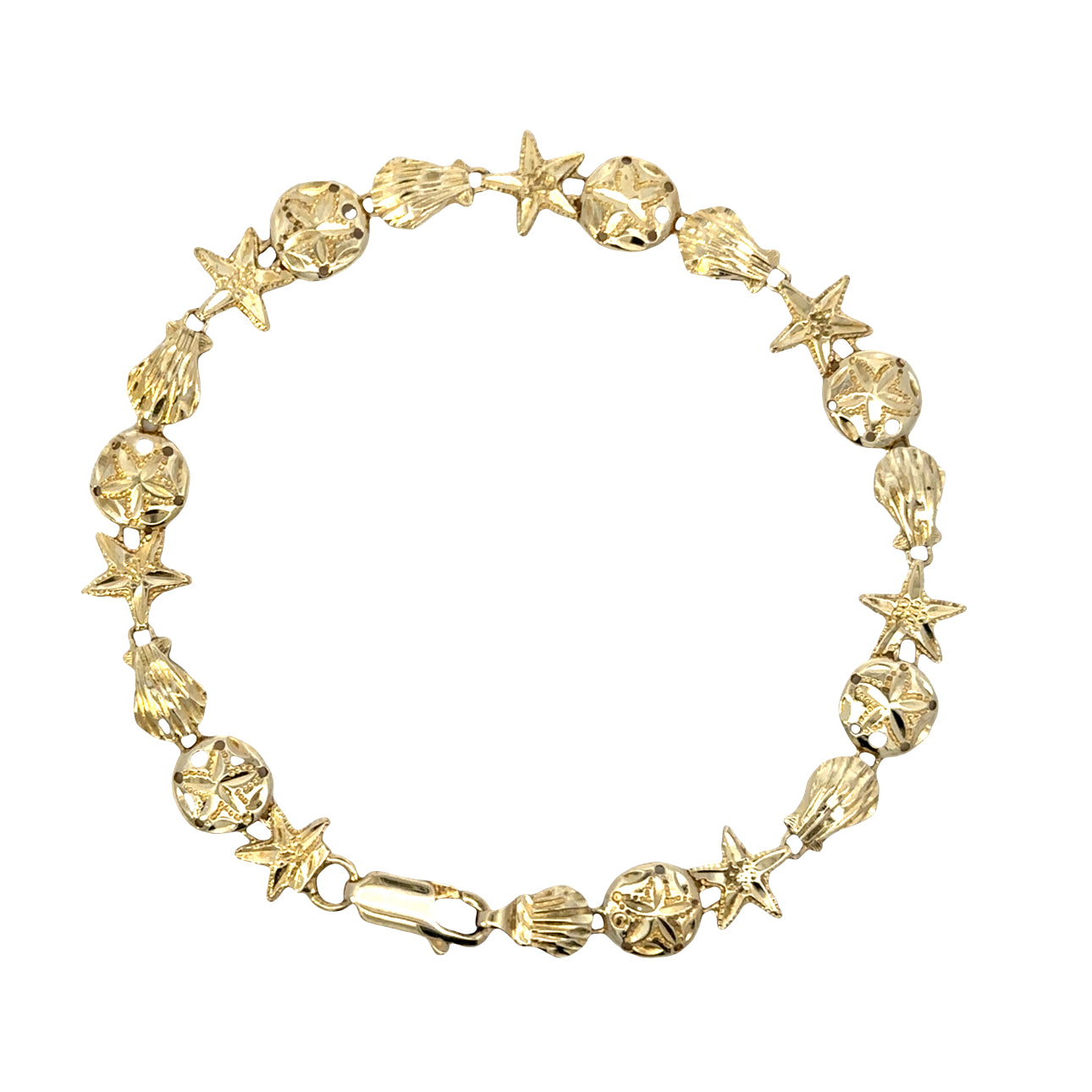 Seashell gold bracelet overhead view on white background