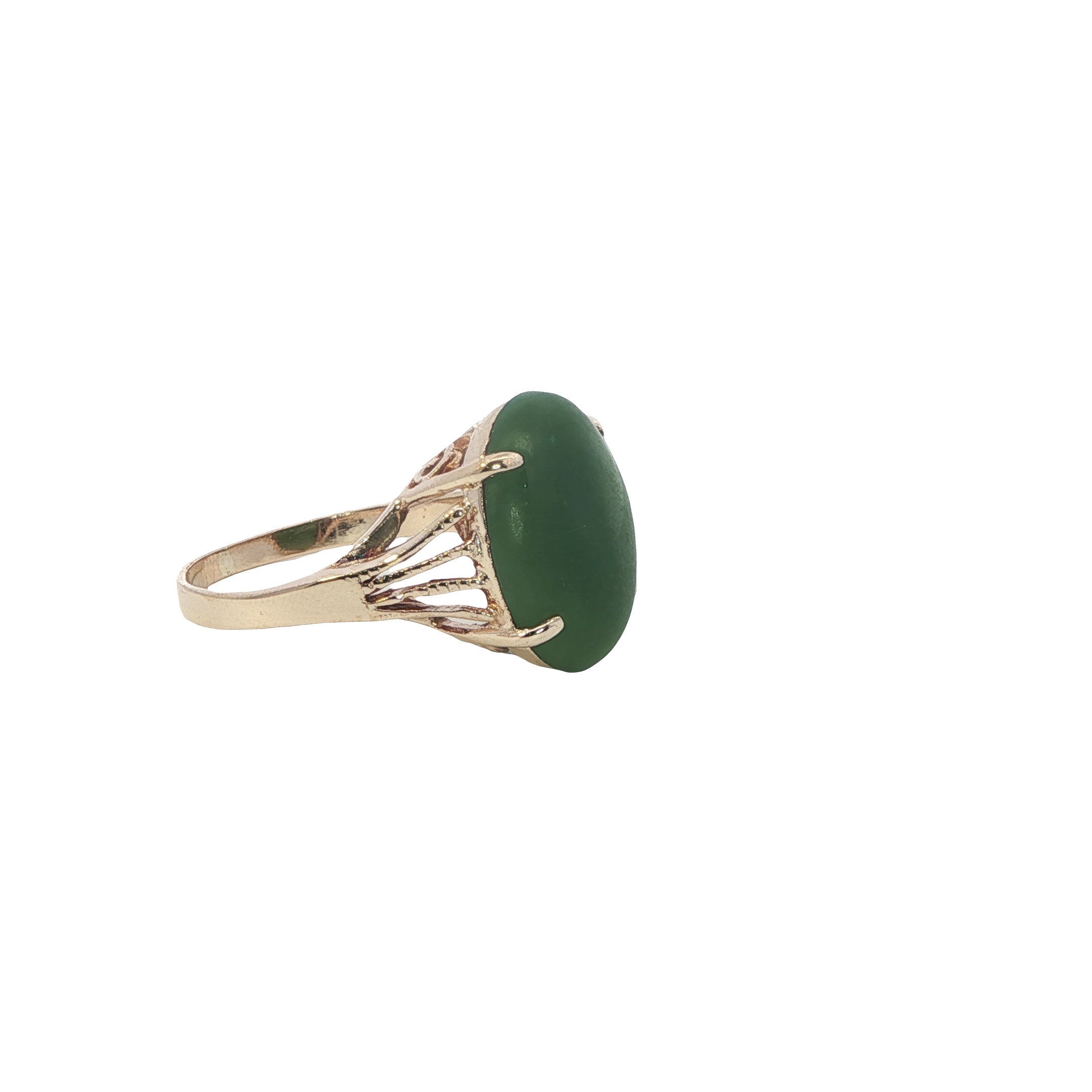 Estate Collection: 14K Yellow Gold Oval Green Jade Cabochon Vintage Statement Ring
