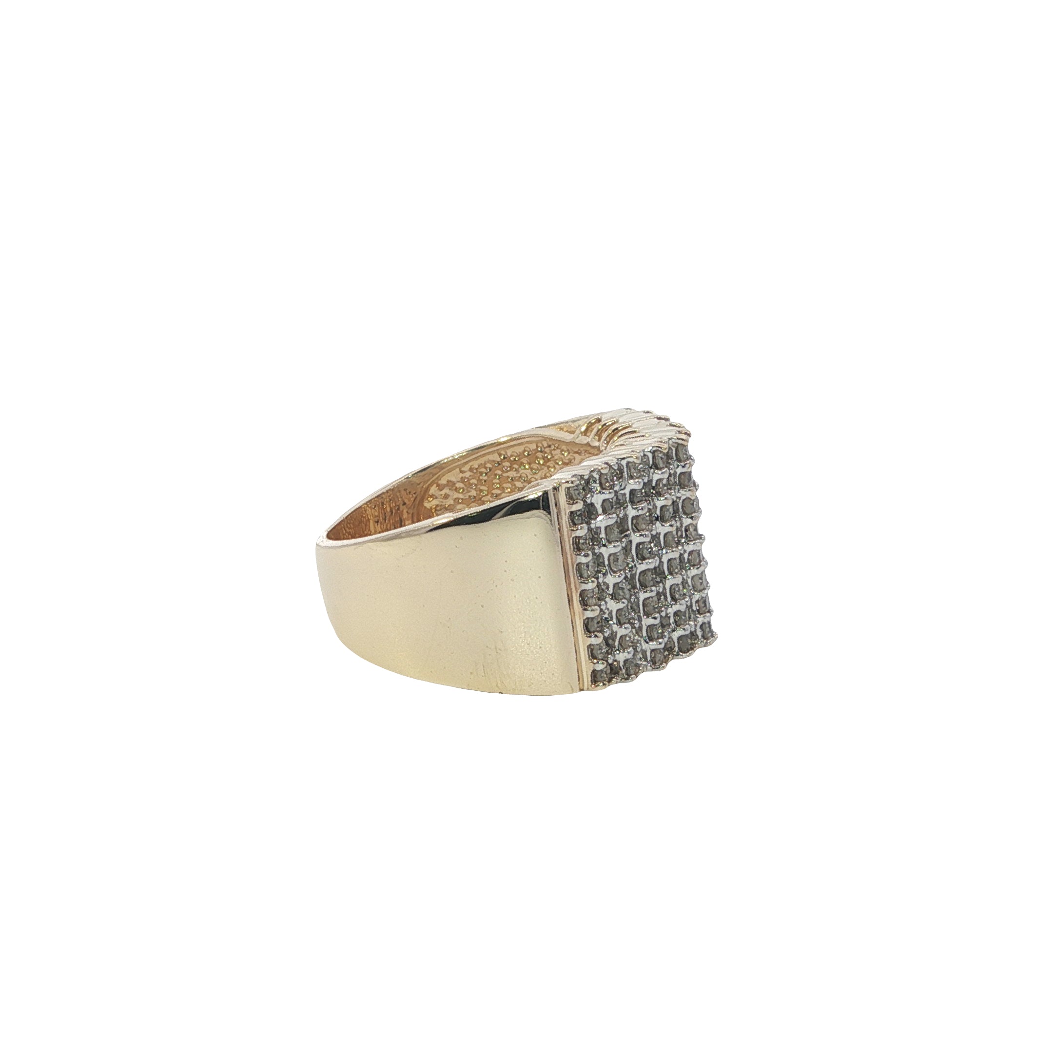 Gold ring with a textured band on a white background