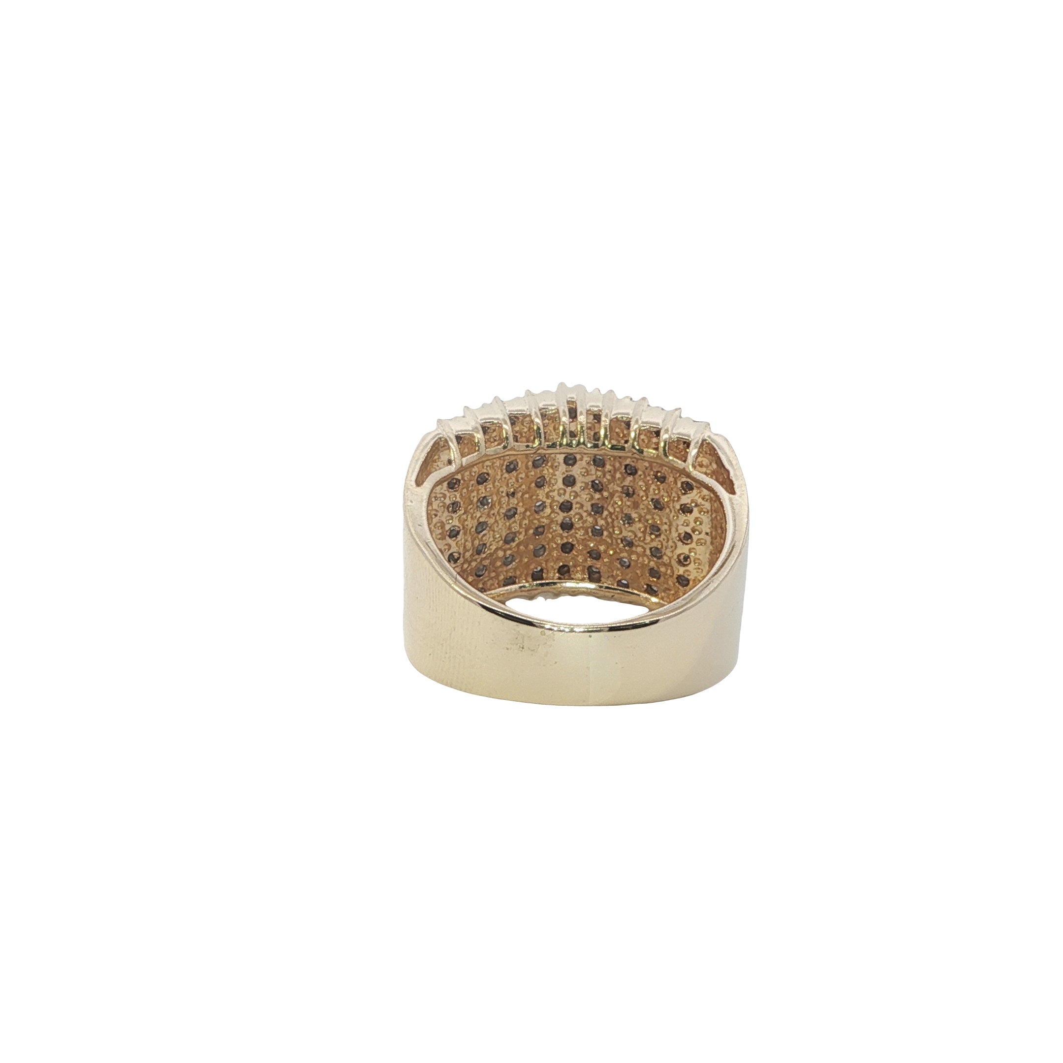 Gold ring with embedded stones on a white background